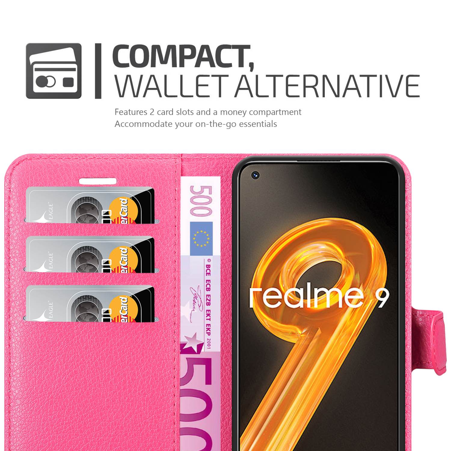 Custodia a portafoglio rosa aperta, che mostra carte e contanti. Schermo del telefono visibile.