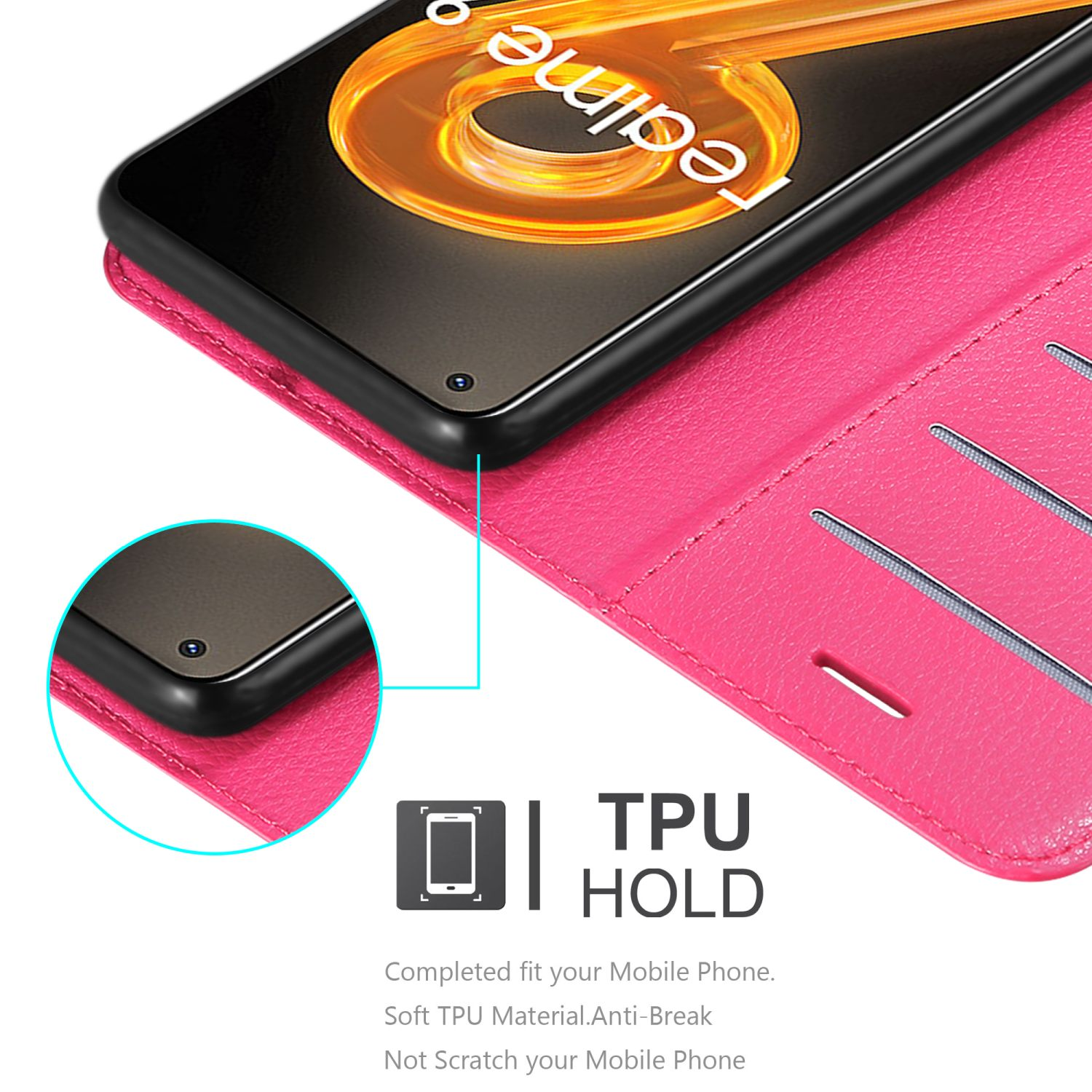 Una custodia rosa con un telefono. Ha fessure per carte e testo sul materiale TPU.