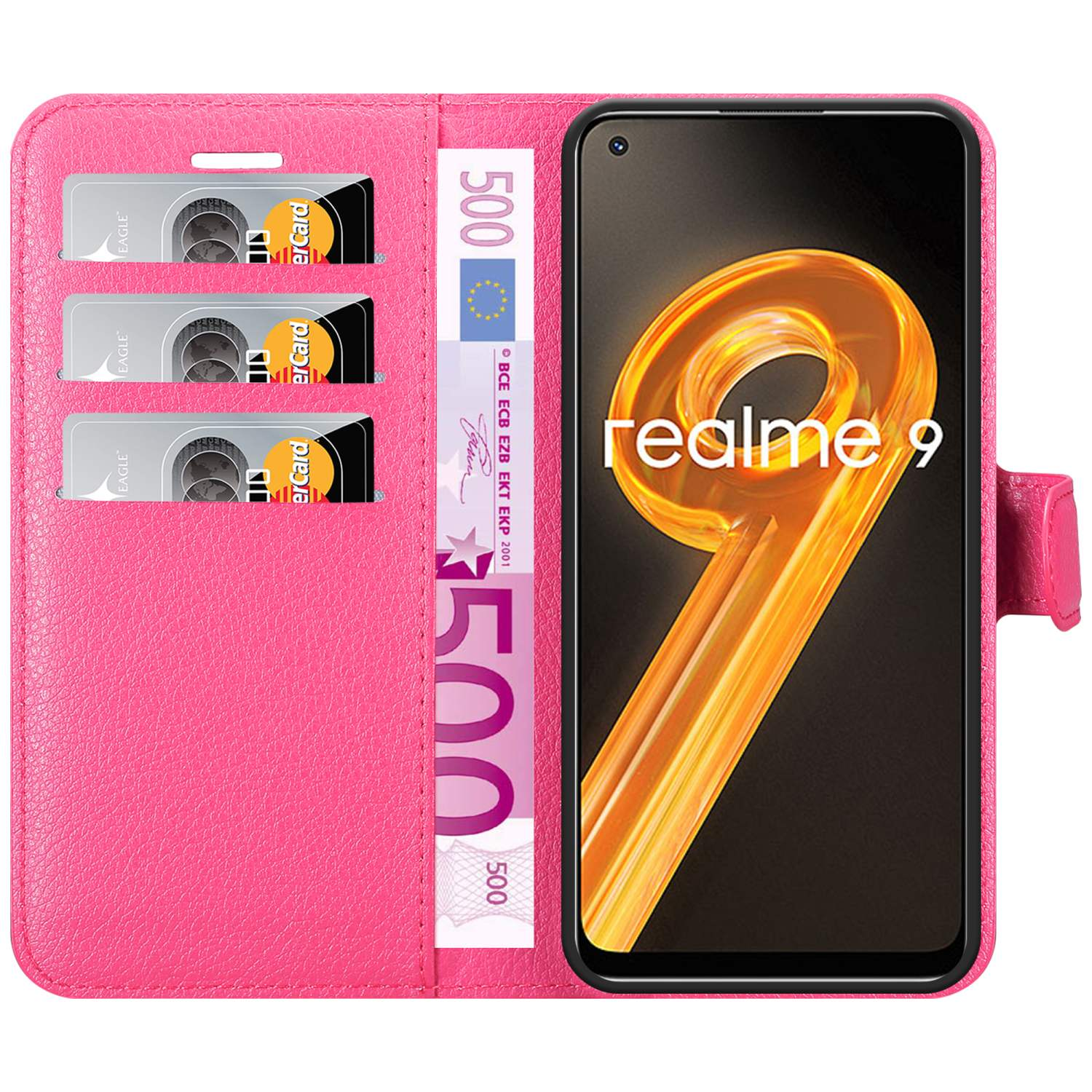 Portafoglio per telefono rosa con slot per schede, banconota da 500 euro e smartphone Realme 9.
