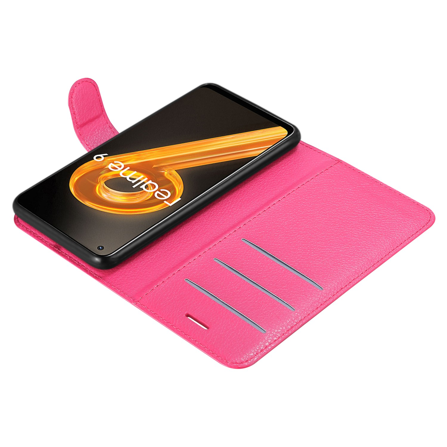 Custodia per telefono rosa aperta con un telefono Realme 9 all'interno. Colore rosa.