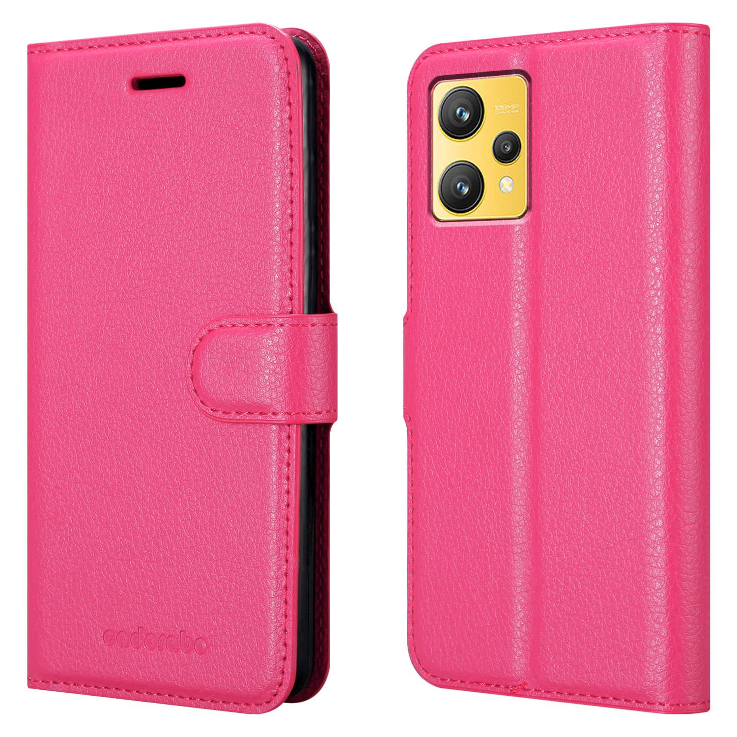 Custodia per telefono rosa con patta. Il lato sinistro è chiuso, il lato destro mostra il retro del telefono.
