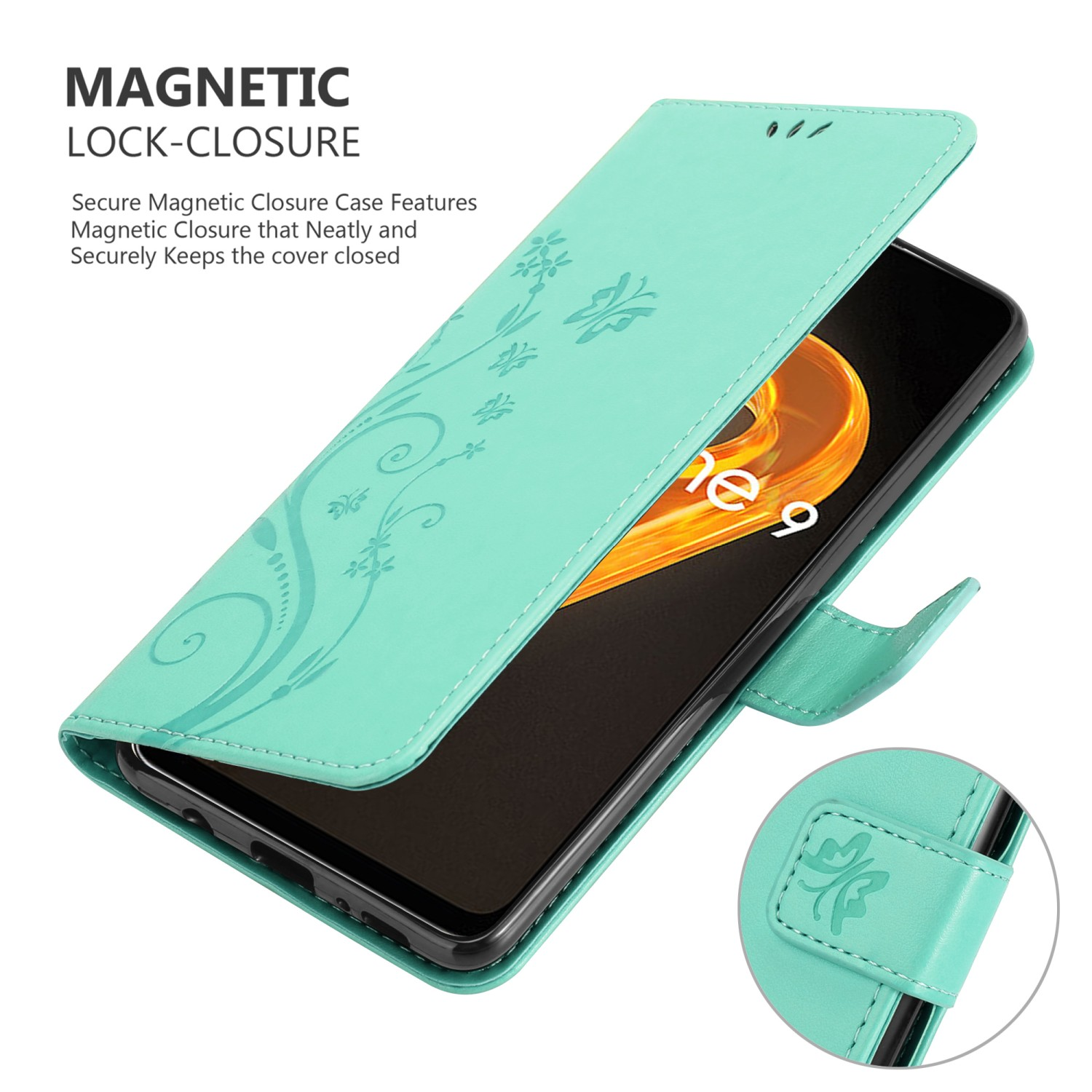 Una custodia per telefono verde acqua con un disegno floreale è aperta, rivelando un telefono. È visibile un piccolo lembo con un bottone a pressione.