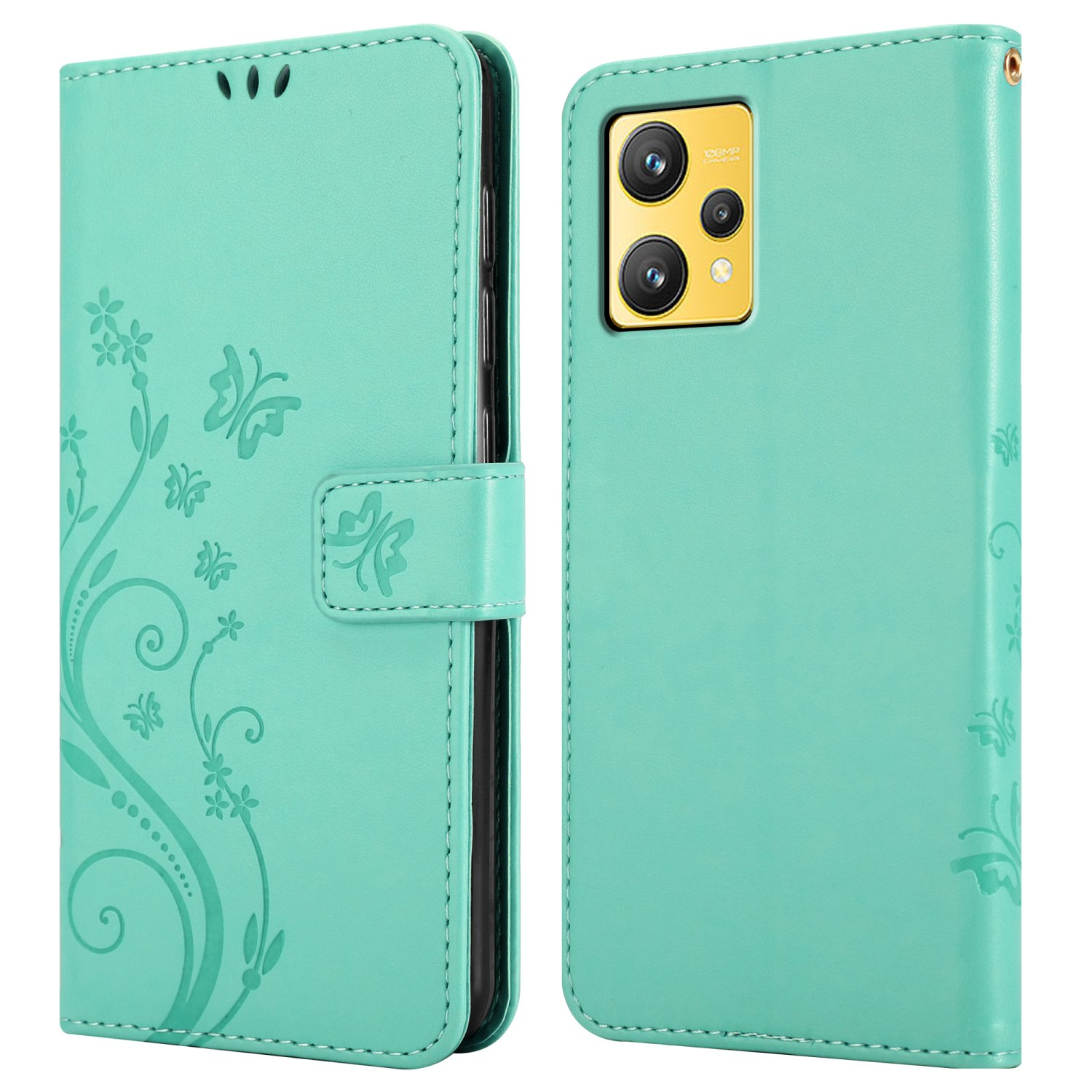 Custodia per telefono verde menta con un design a farfalla. Il telefono è all'interno della custodia.