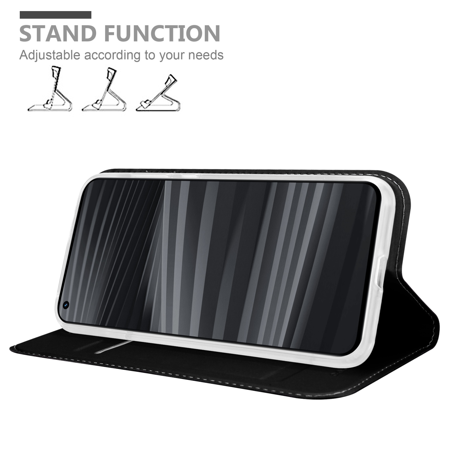 Schwarze Handyhülle offen mit Telefon darin, Standfunktion. Drei Standpositionen sind abgebildet.