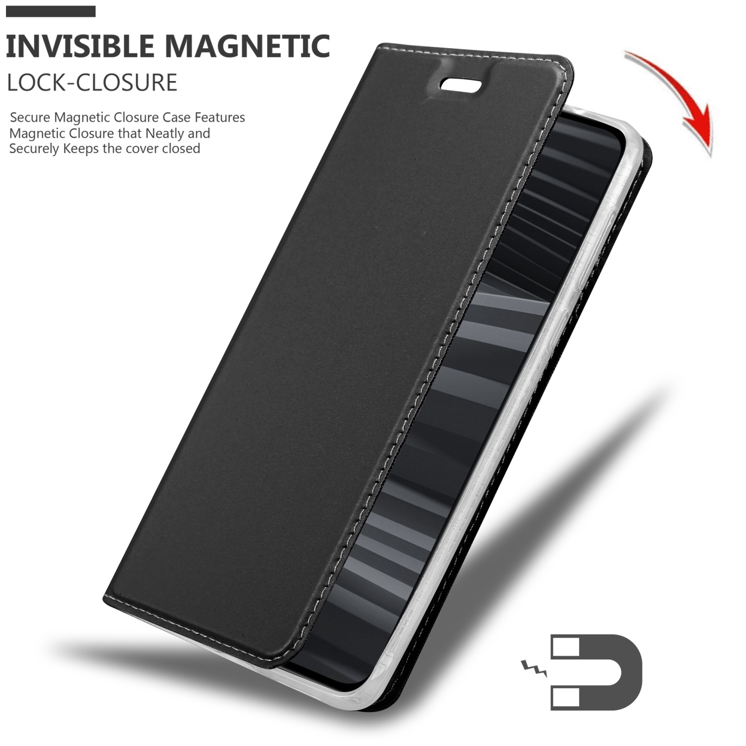 Eine schwarze Handyhülle ist geöffnet und zeigt einen Bildschirm. Magnet und Pfeil zeigen die Sperrfunktion.