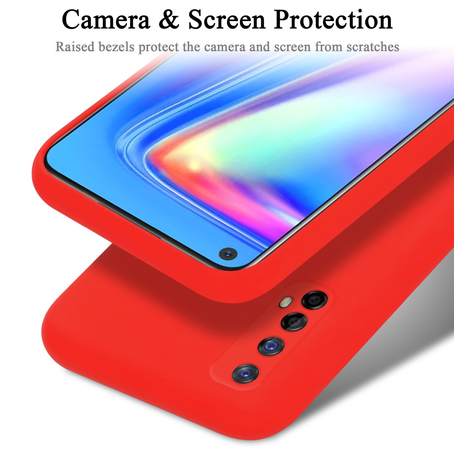 Rote Handyhülle mit Handy. Nahaufnahme zeigt Telefon- und Kameraschutz mit rotem Hintergrund.