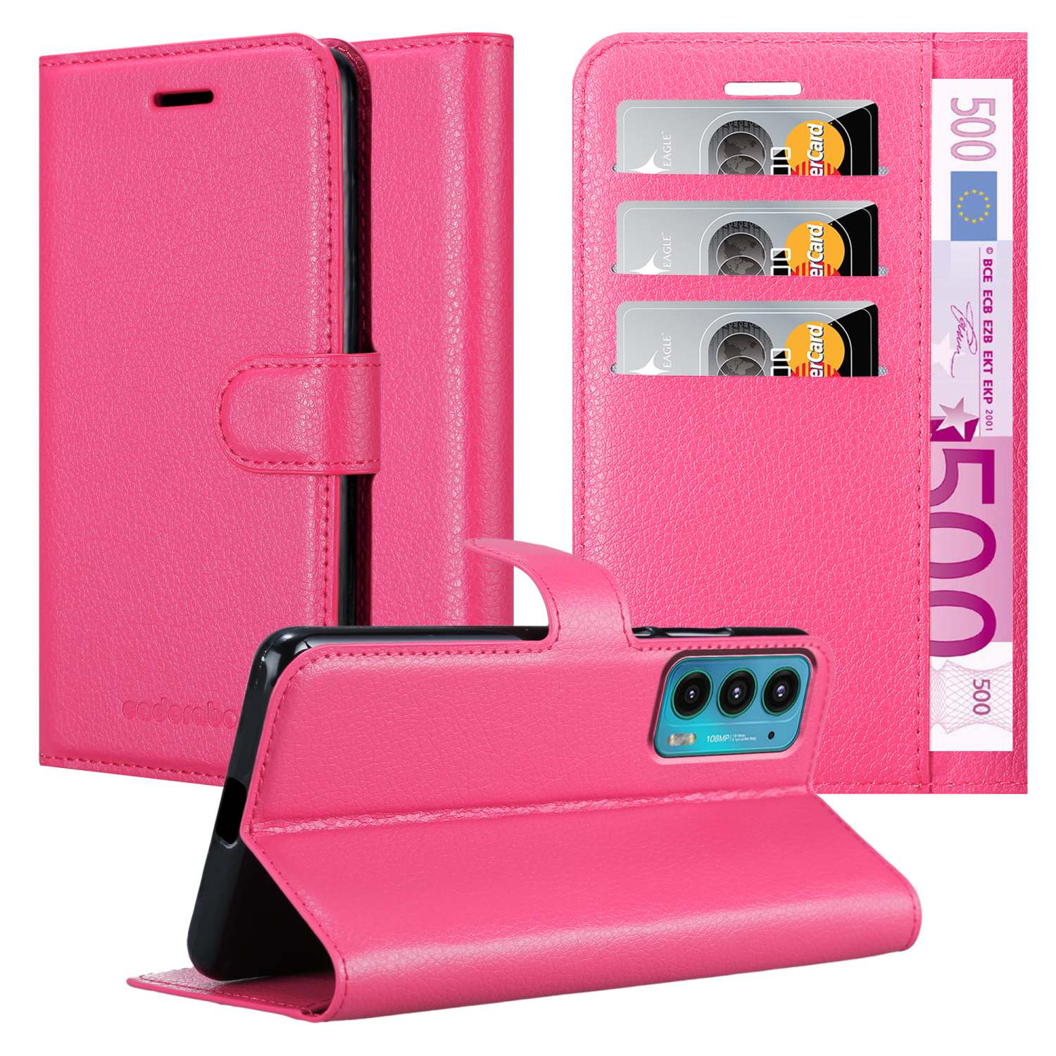 Custodia rosa con telefono, carte e denaro, sfondo bianco.