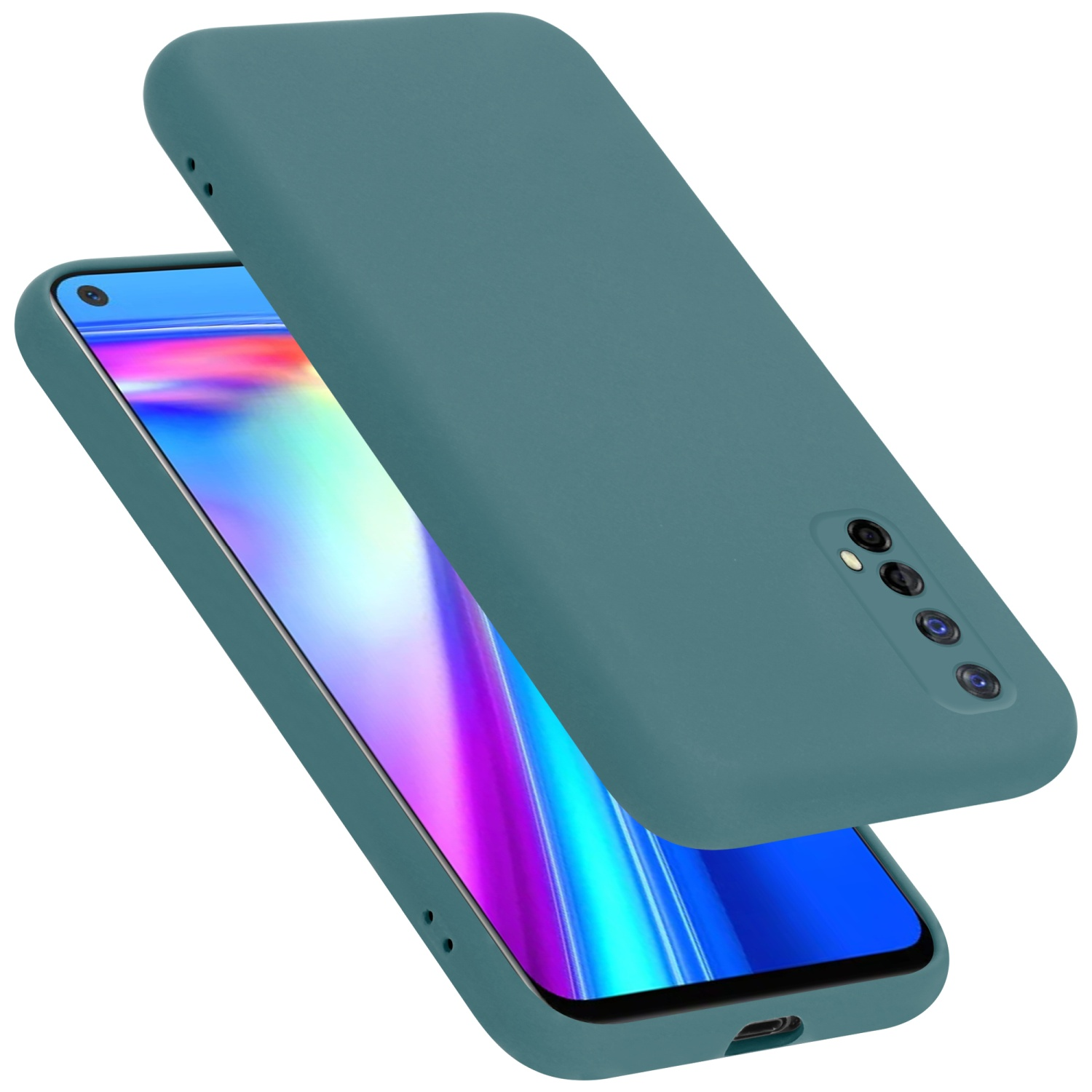 Türkisfarbene Handyhülle mit Telefon darin.