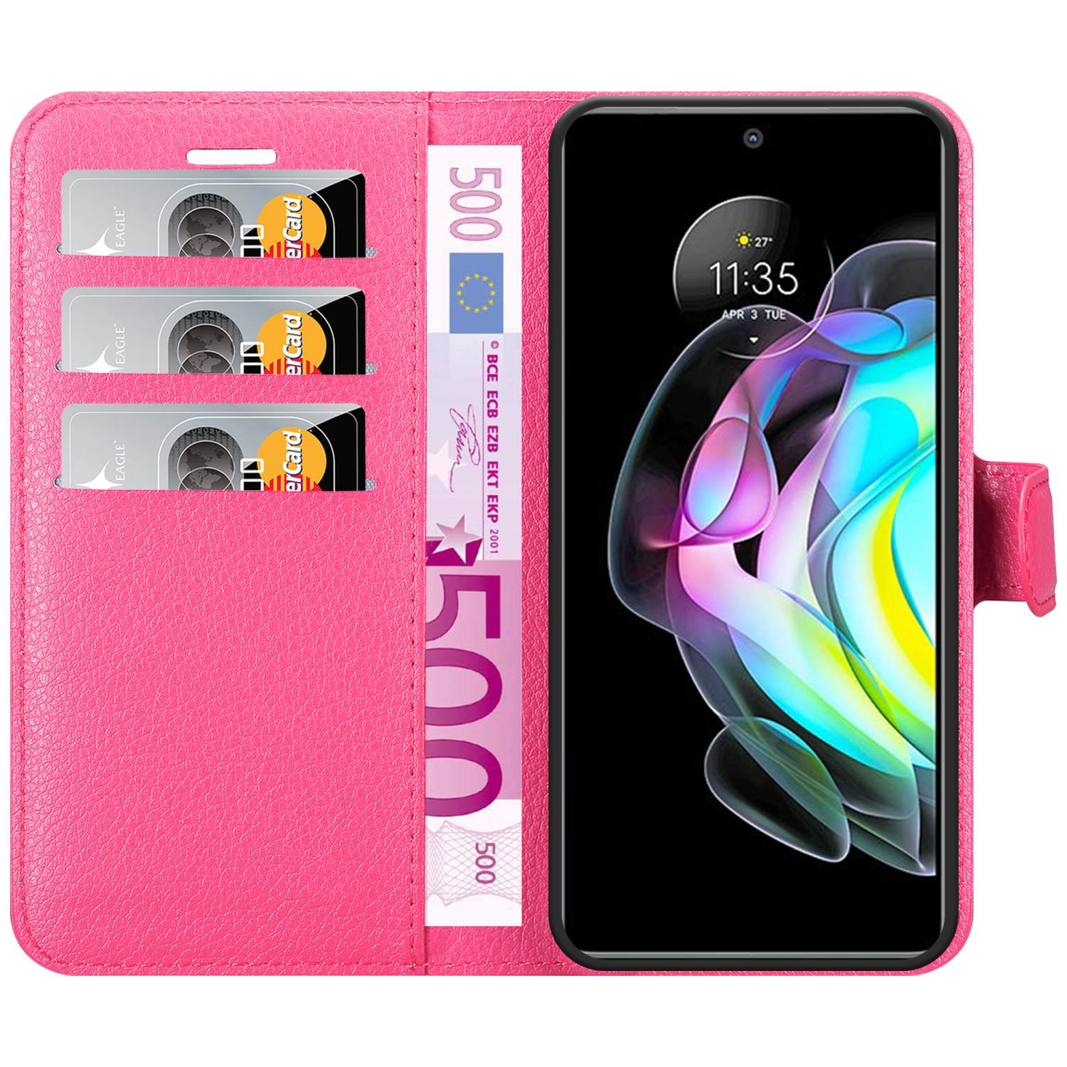 Custodia rosa, aperta, con carte e denaro all'interno. Smartphone a destra. Testo: 500.