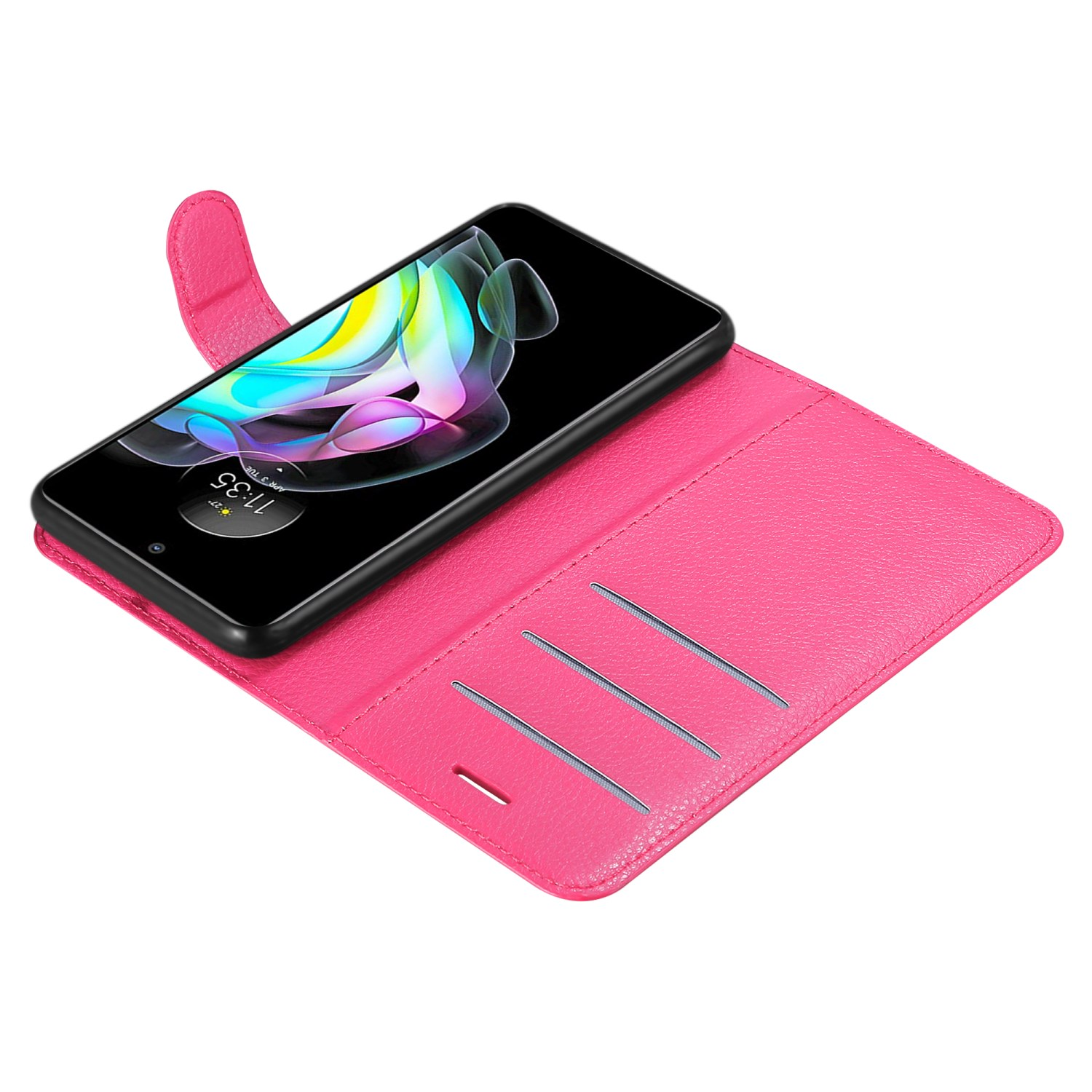Custodia per telefono rosa aperta, mostra un telefono e fessure per carte, con una linguetta rosa.