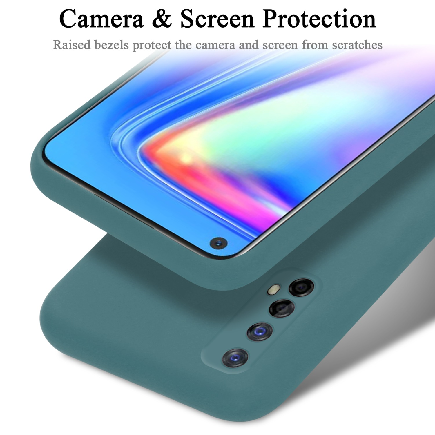 Nahaufnahme einer tealfarbenen Handyhülle mit Telefon. Text zum Schutz von Kamera und Bildschirm.