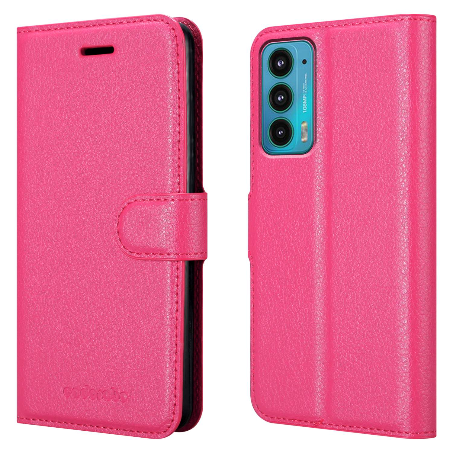 Custodia per telefono rosa, chiusa e aperta. La custodia aperta mostra il retro del telefono con la fotocamera. Sfondo bianco.