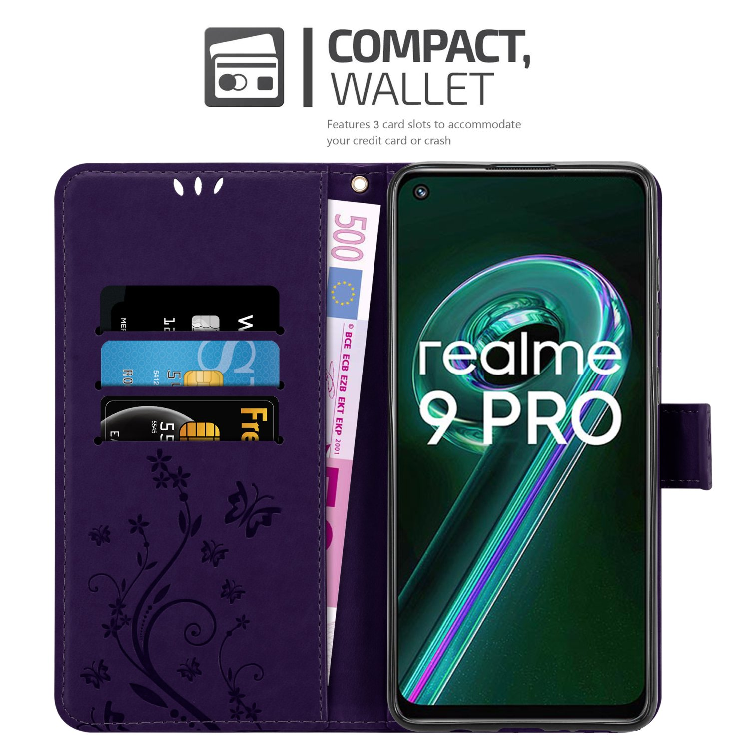 Custodia viola con funzione portafoglio. Telefono e carte, design floreale.