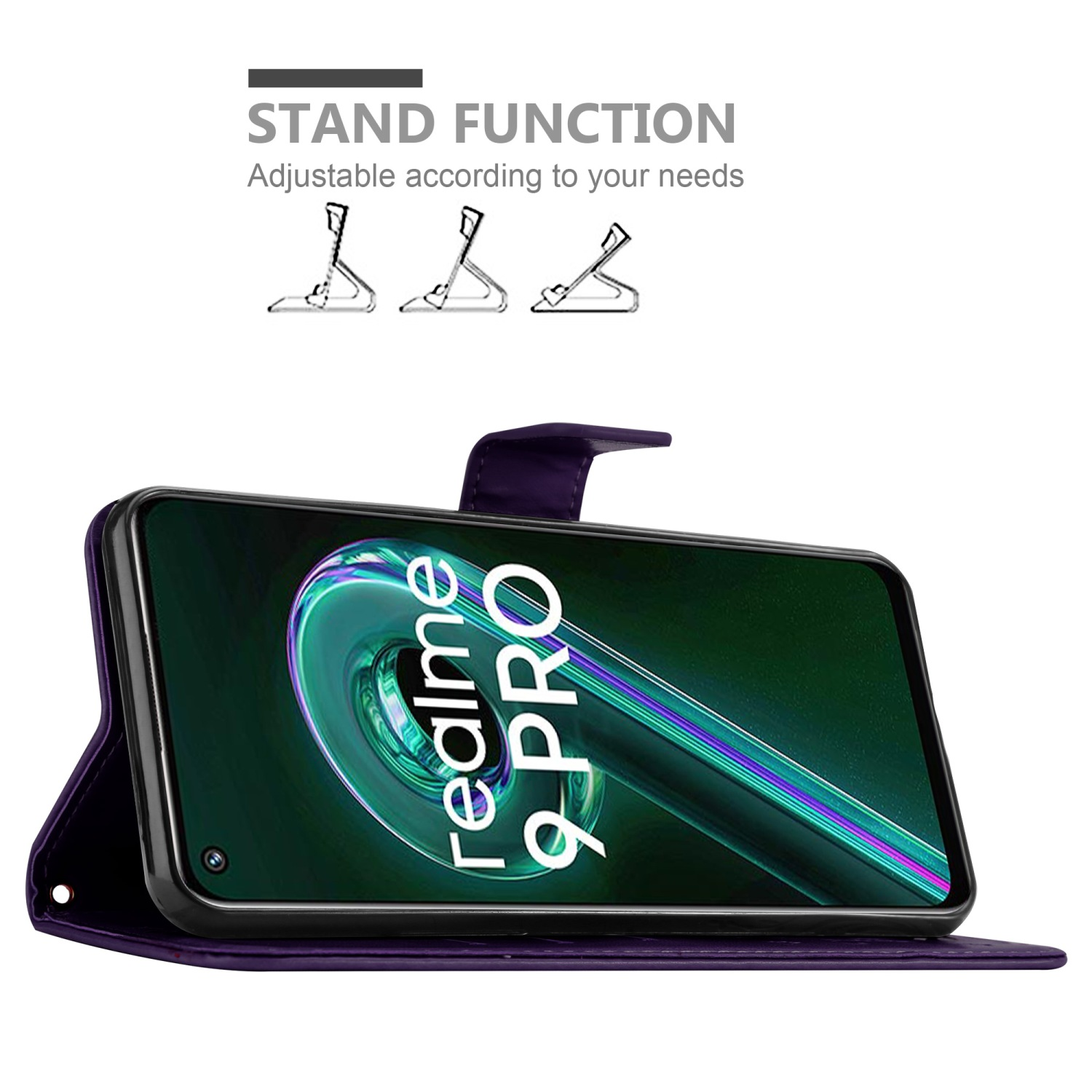 Custodia per telefono viola con telefono dentro, funzione stand e testo sopra.