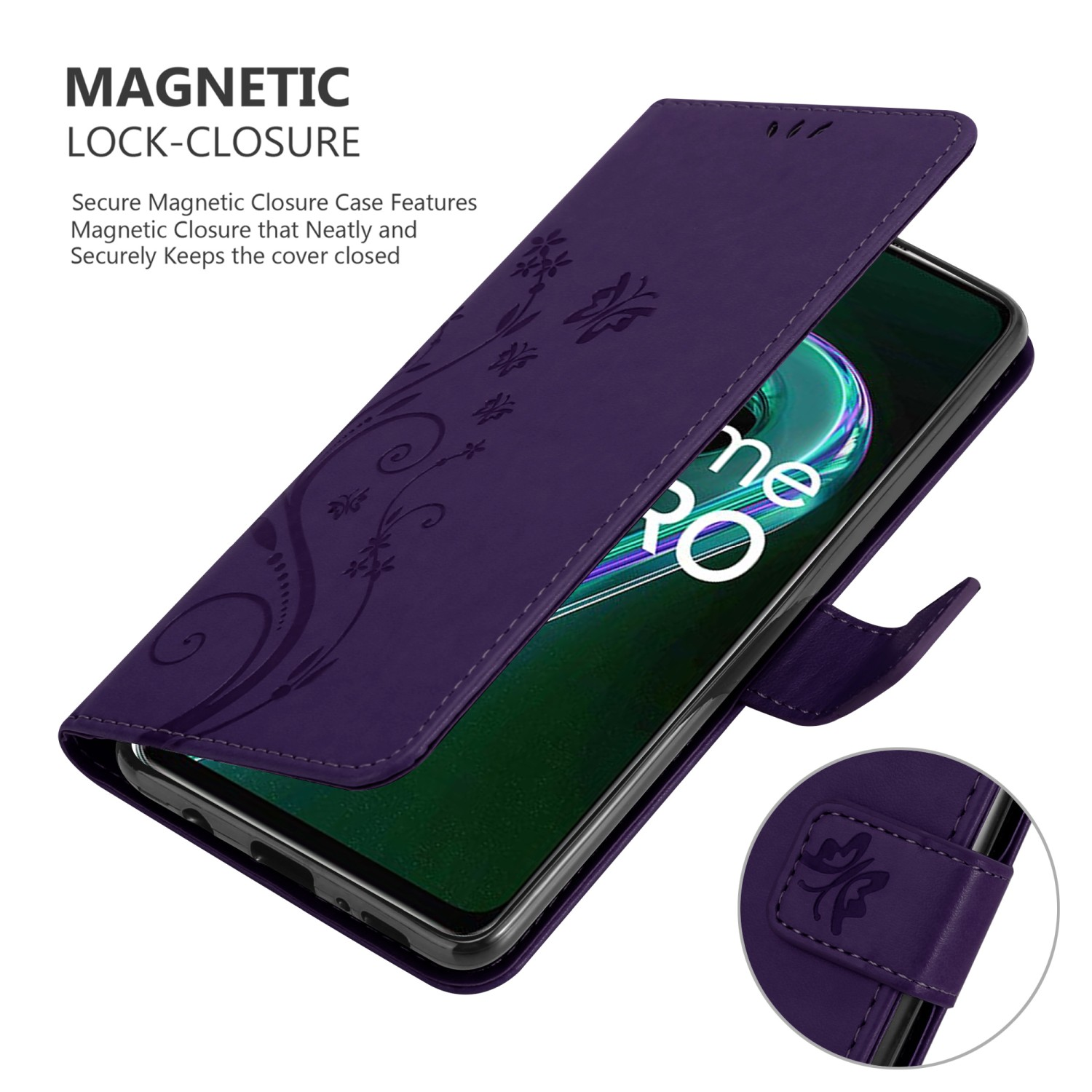 Custodia per telefono viola aperta, con telefono all'interno. Design floreale sulla cover. Testo: CHIUSURA MAGNETICA.