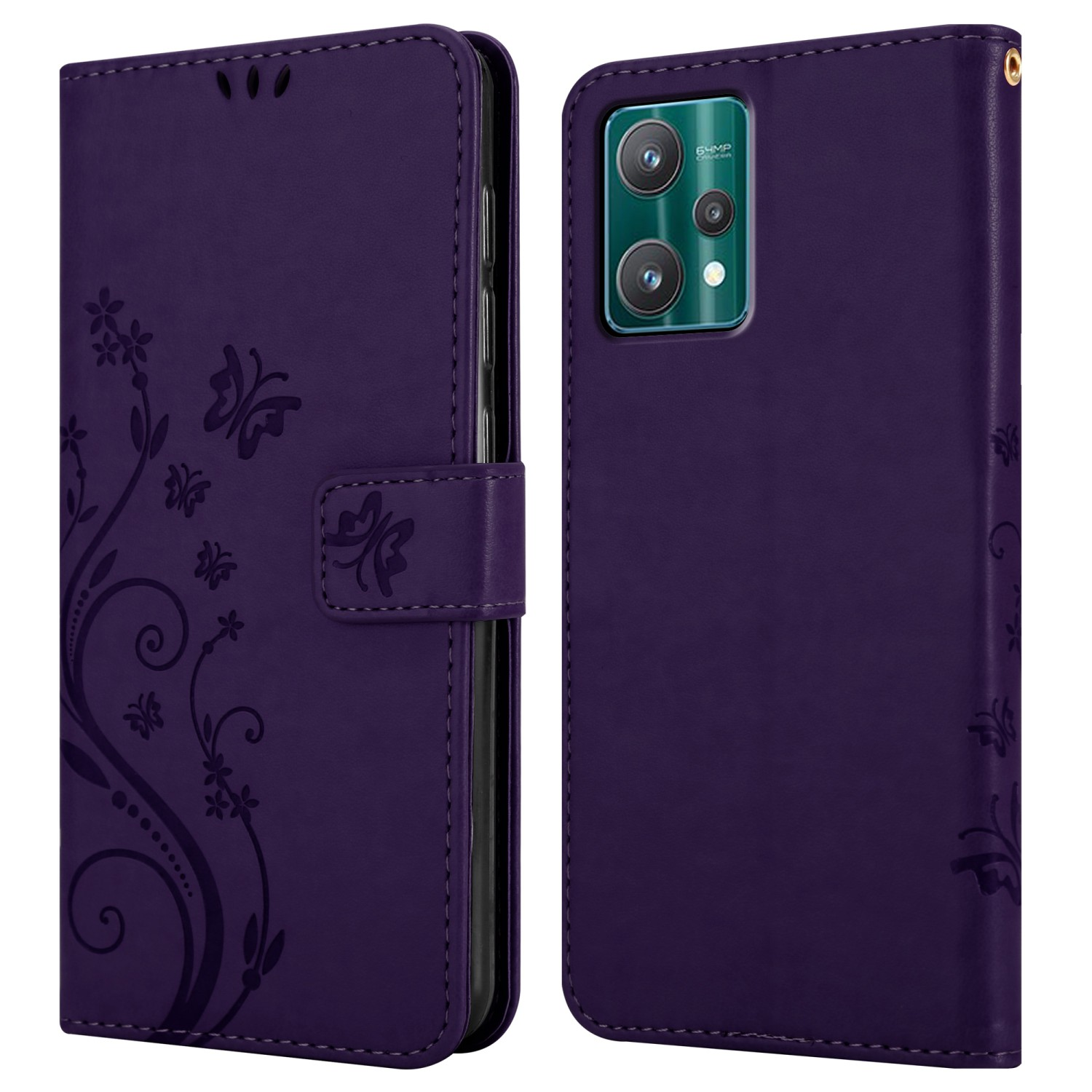 Custodia per telefono viola aperta, che mostra il telefono e il retro della custodia con dettagli floreali.