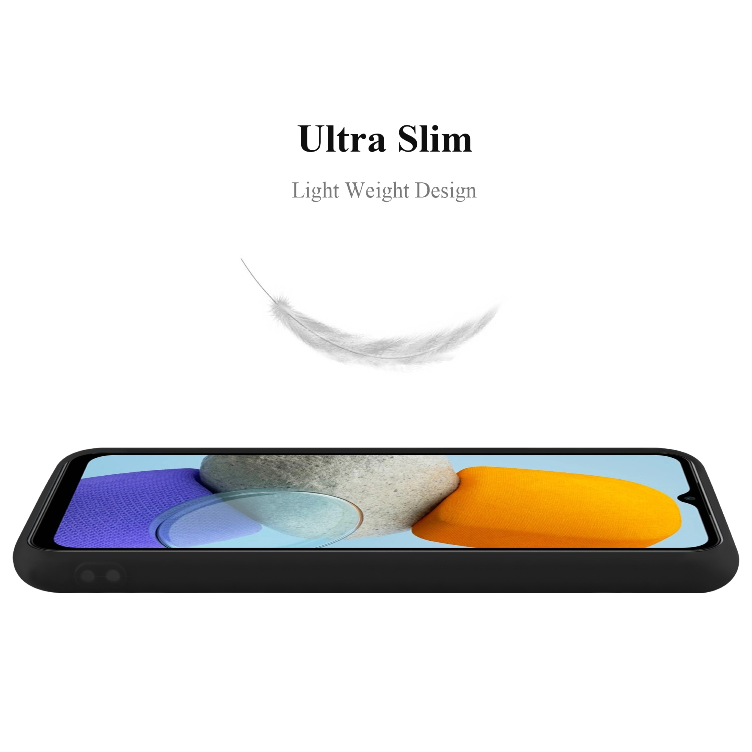 Telefono nero con schermo curvo, vista laterale. Testo: Ultra Slim, Light Weight Design.