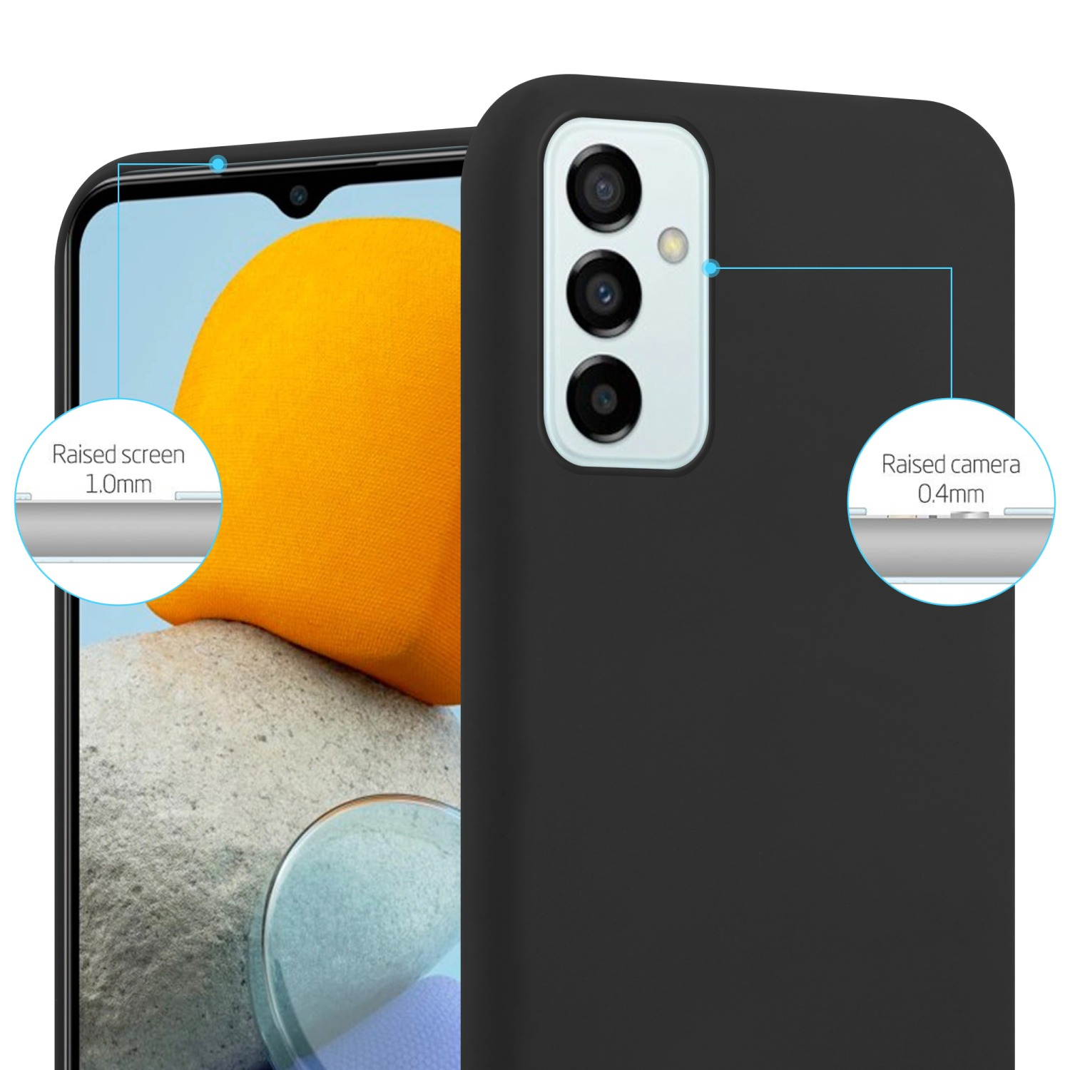 Custodia nera per telefono con un telefono all'interno. L'immagine evidenzia la protezione rialzata dello schermo e della fotocamera.