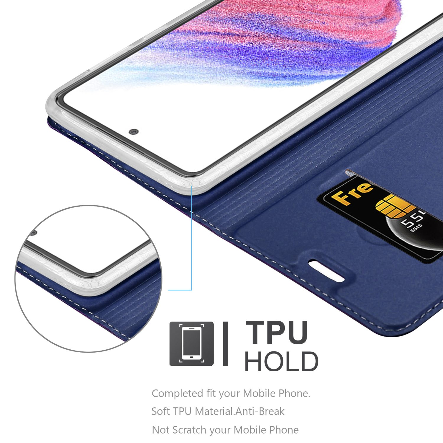 Custodia blu con telefono dentro. Il testo dice 'TPU HOLD' e dettagli del prodotto.
