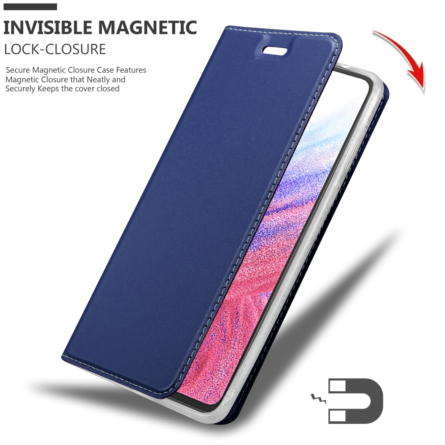 Custodia a portafoglio blu per telefono che si apre, mostrando un telefono e un simbolo magnetico.