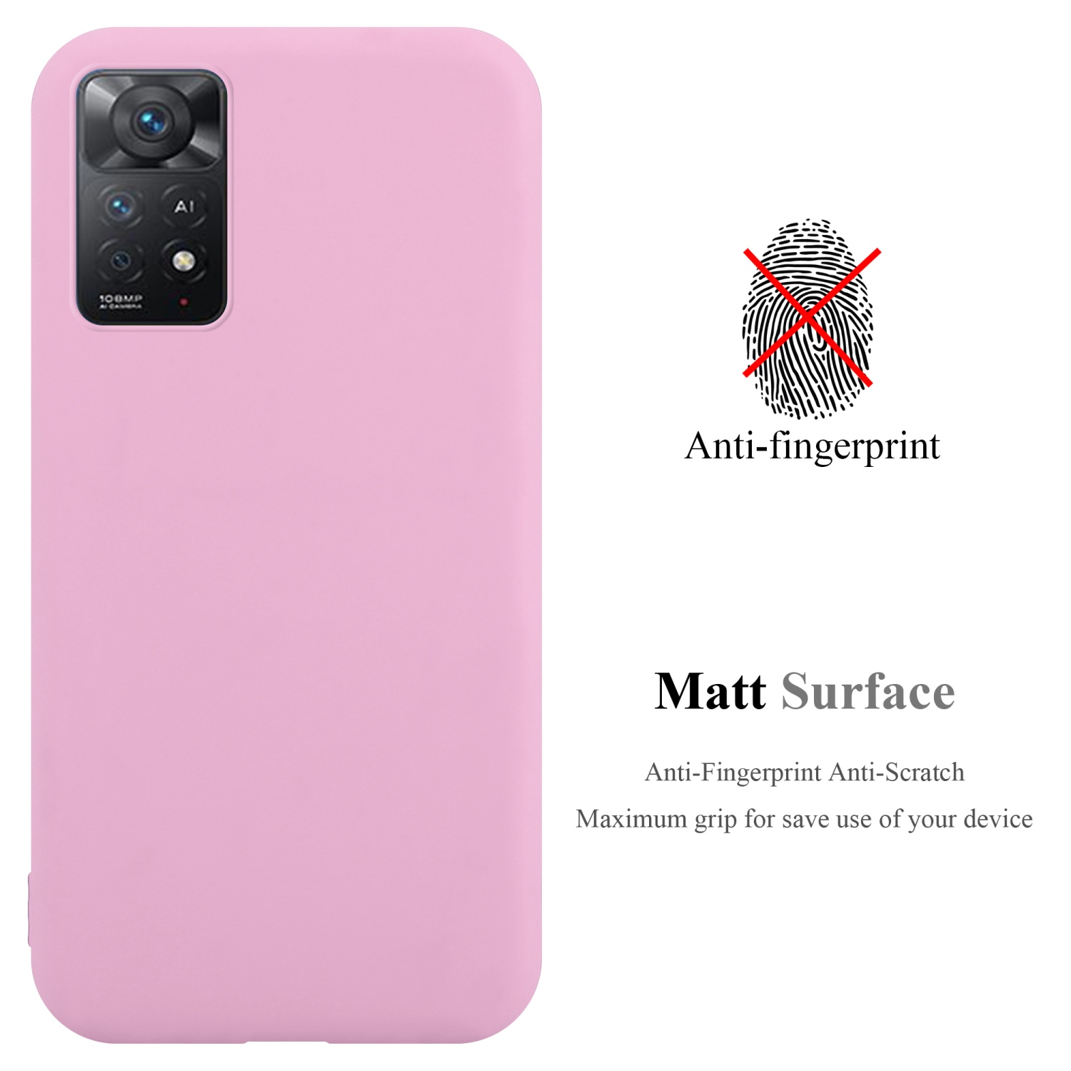 Eine pinkfarbene Handyhülle. Text: Anti-Fingerabdruck, matte Oberfläche. Die Hülle ist kratzfest und bietet maximalen Halt.