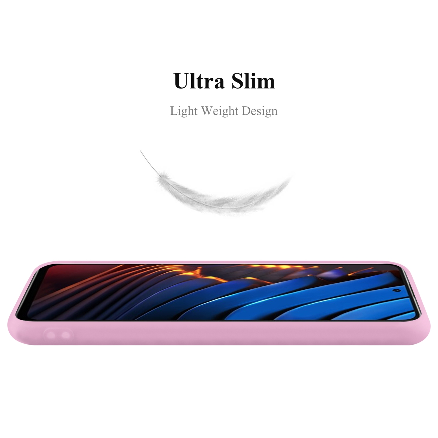Una custodia per telefono rosa con una piuma che fluttua sopra, suggerendo un design leggero e sottile.