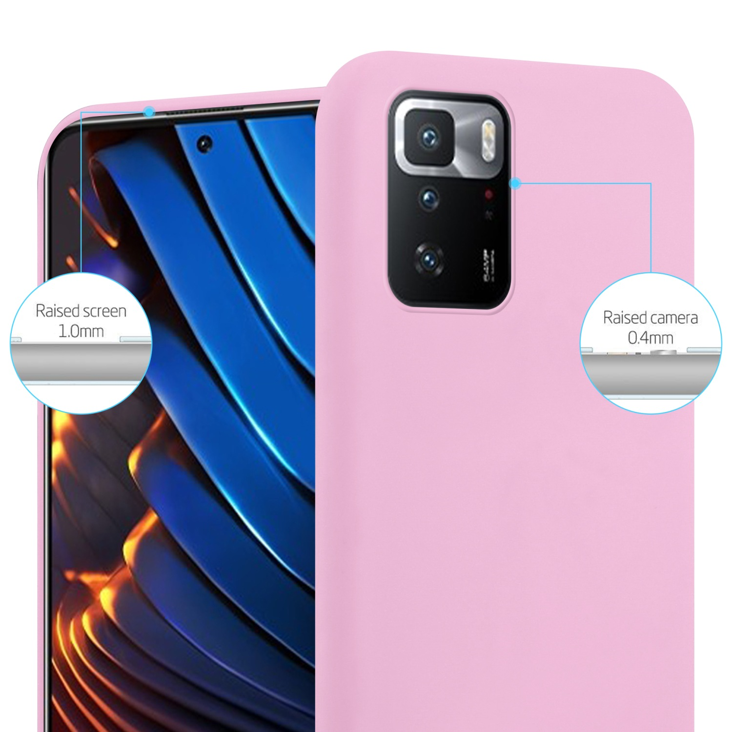Custodia rosa con telefono all'interno. Primo piano mostra bordi rialzati.