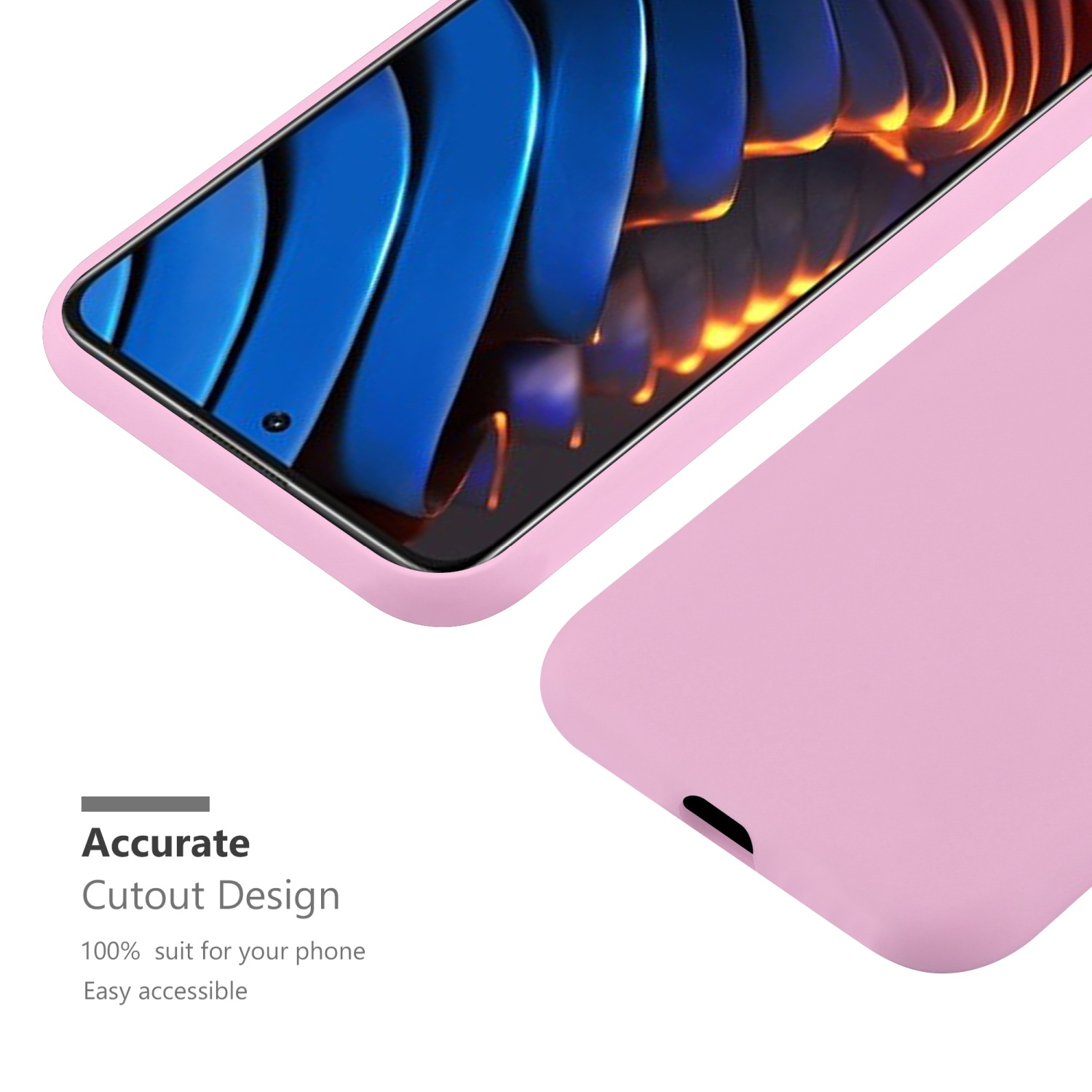 Custodia rosa per telefono su una superficie bianca, con un telefono all'interno. Sotto il testo 'Accurate Cutout Design'.