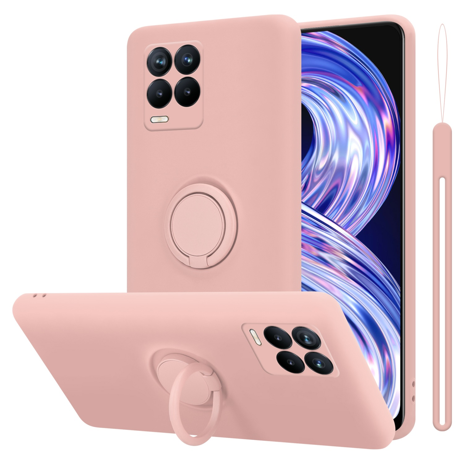 Una custodia per telefono rosa con un supporto ad anello e un telefono. Vengono visualizzate due viste del telefono.