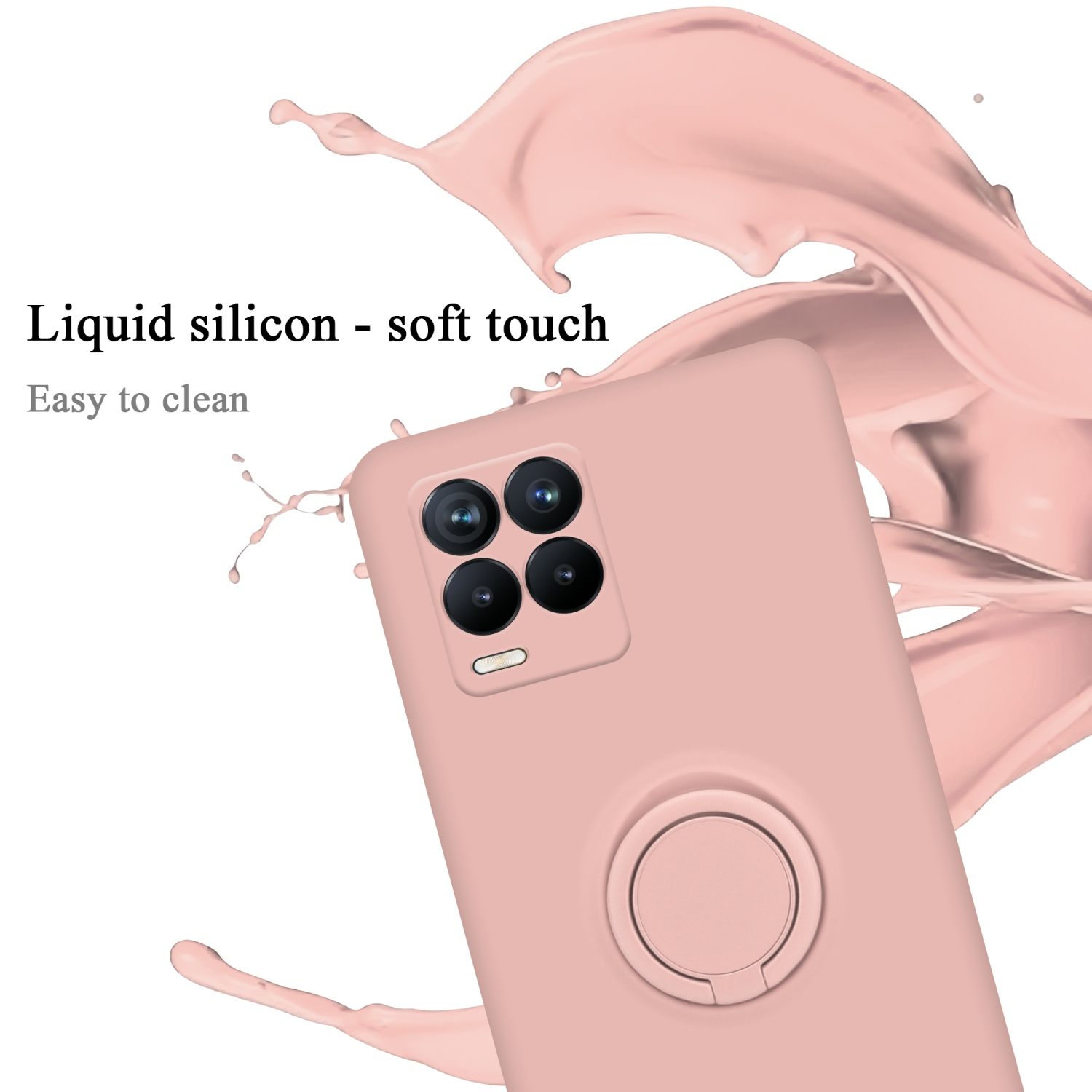 Custodia rosa con anello, un'esplosione di liquido. La custodia ha una fotocamera.