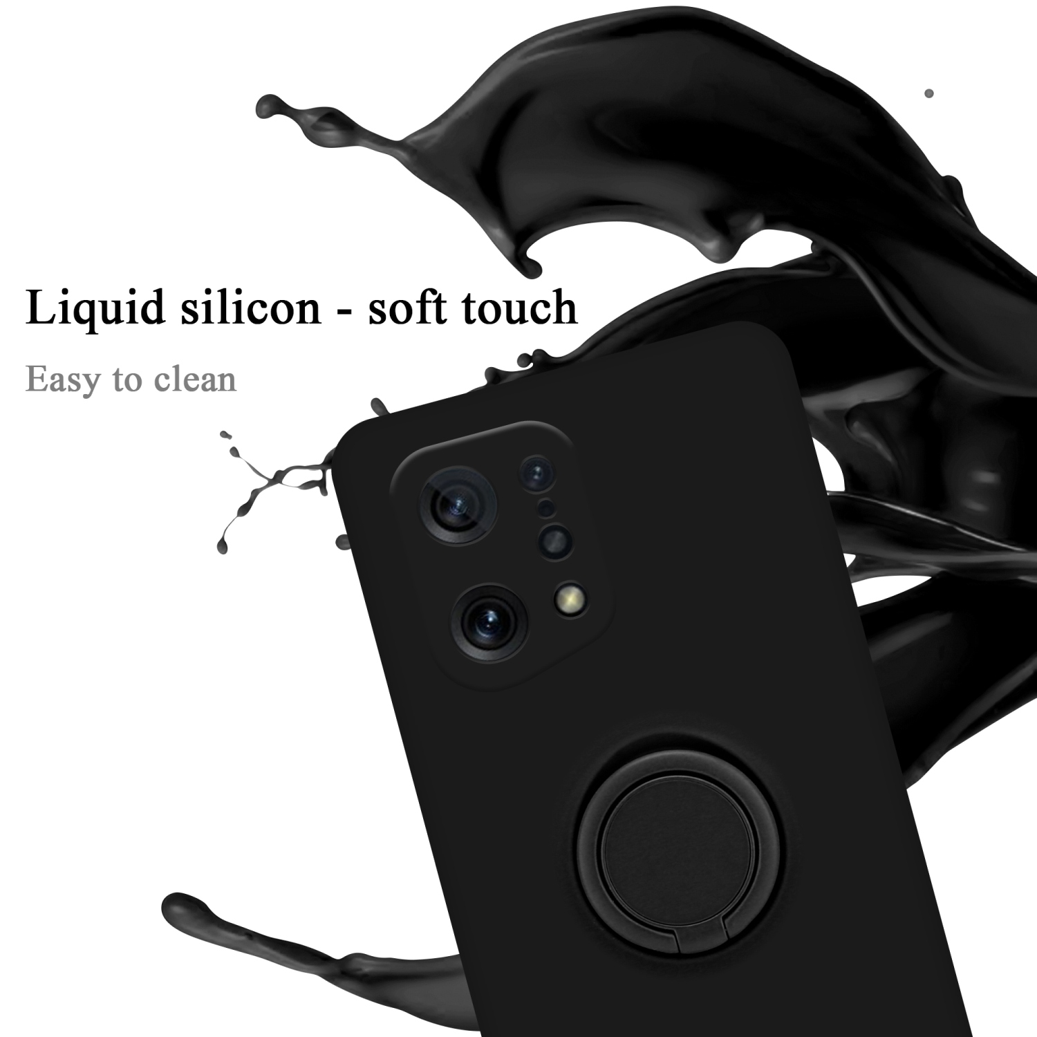 Funda de teléfono negra con soporte de anillo. Salpicadura de líquido negro en el fondo.