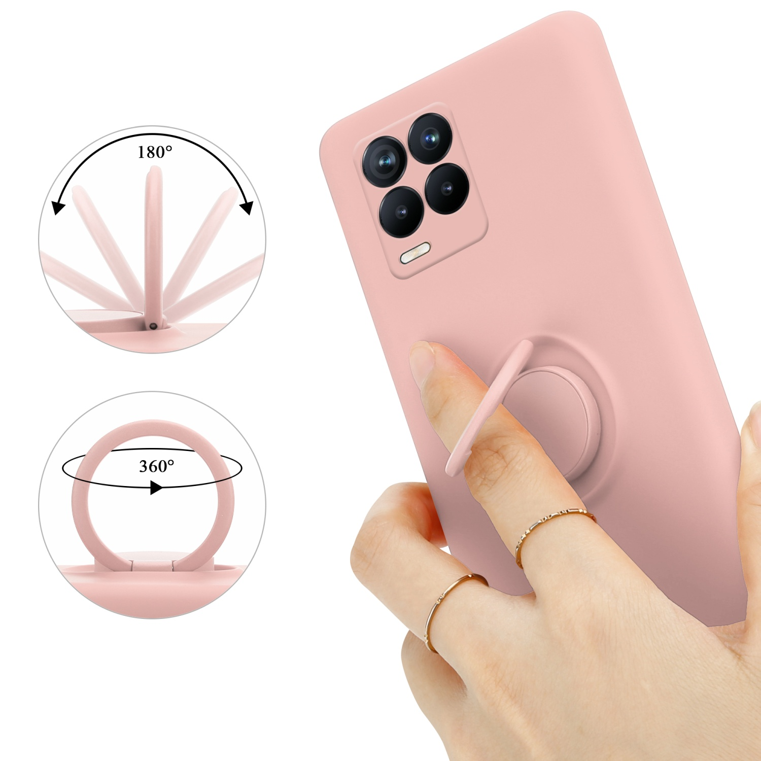 Custodia per telefono rosa con supporto ad anello, che mostra come ruota di 180 e 360 gradi.