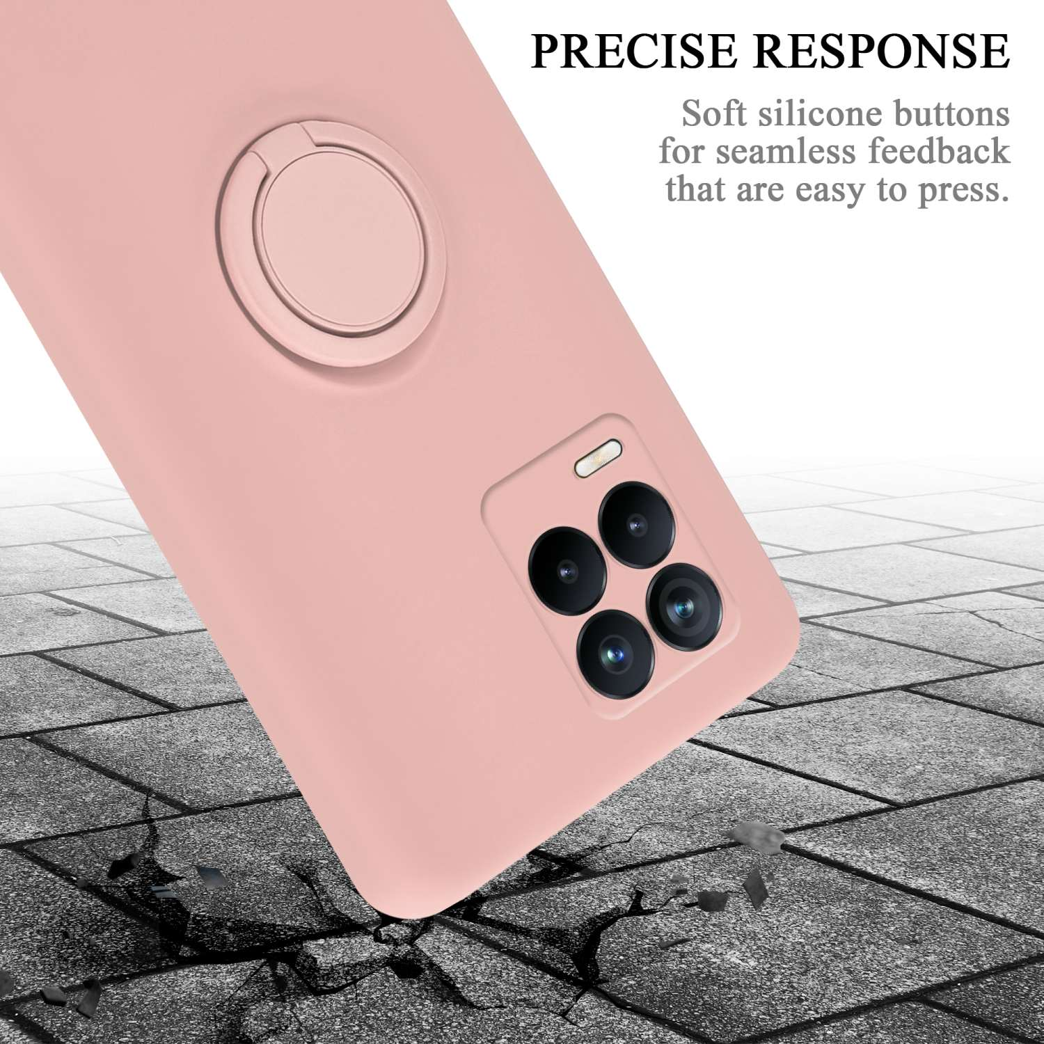 Custodia per telefono rosa con supporto ad anello. La custodia è su una superficie grigia.