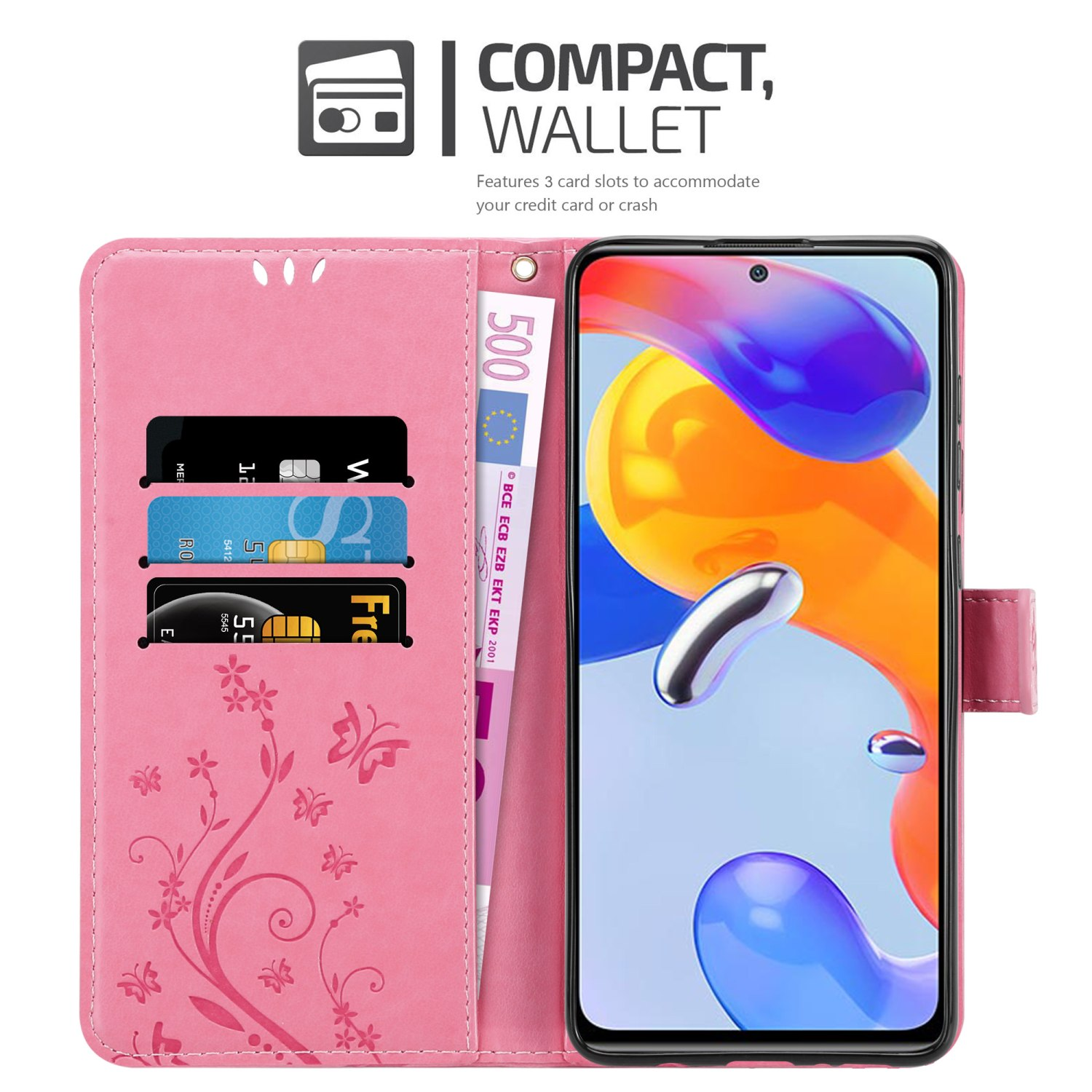 Custodia a portafoglio rosa aperta, mostra telefono, carte e denaro. Testo: Compact, Wallet. Design floreale.