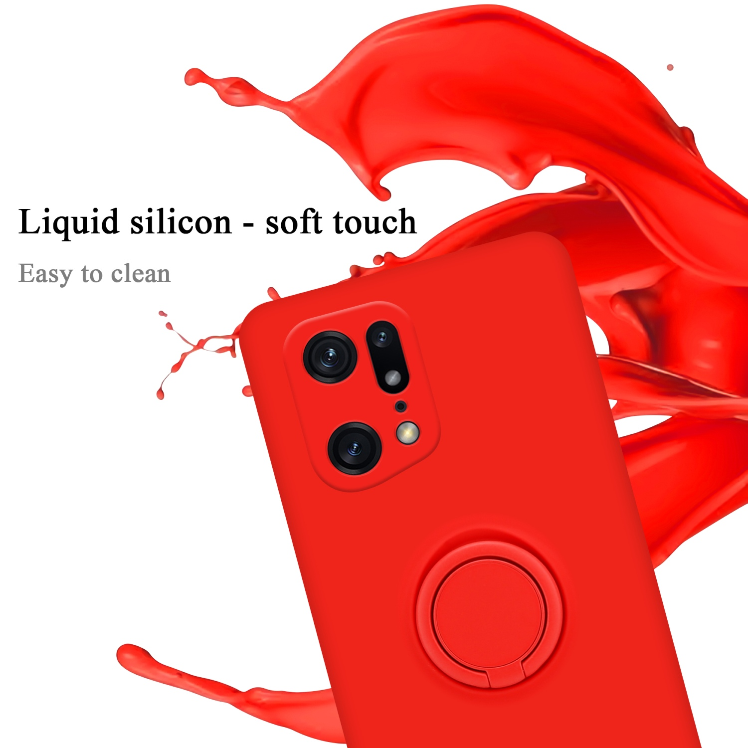 Custodia rossa per telefono con anello di presa. Schizzo di liquido rosso sullo sfondo. Design soft touch.