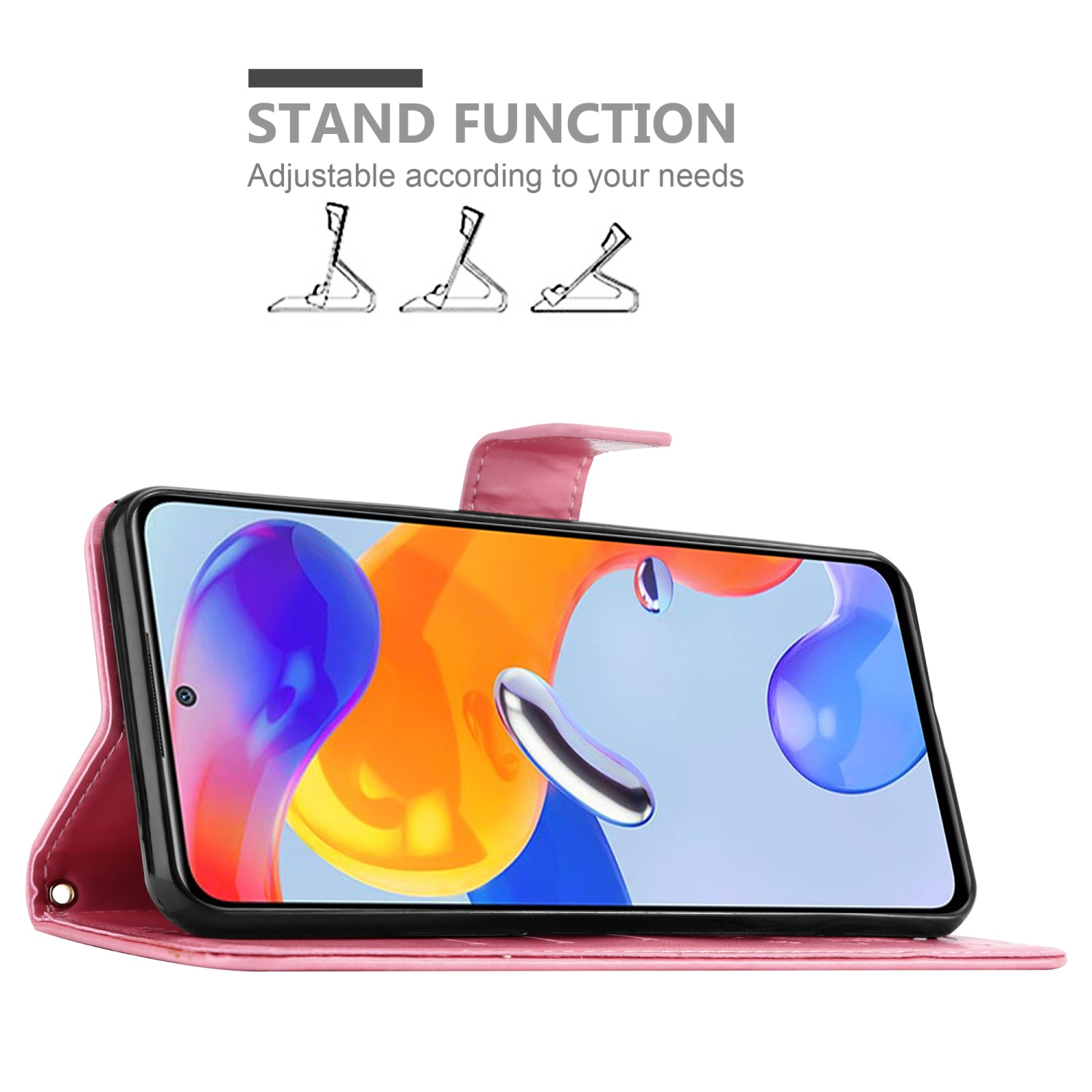 Custodia per telefono rosa con un telefono all'interno, che mostra la funzione stand e le diverse posizioni.