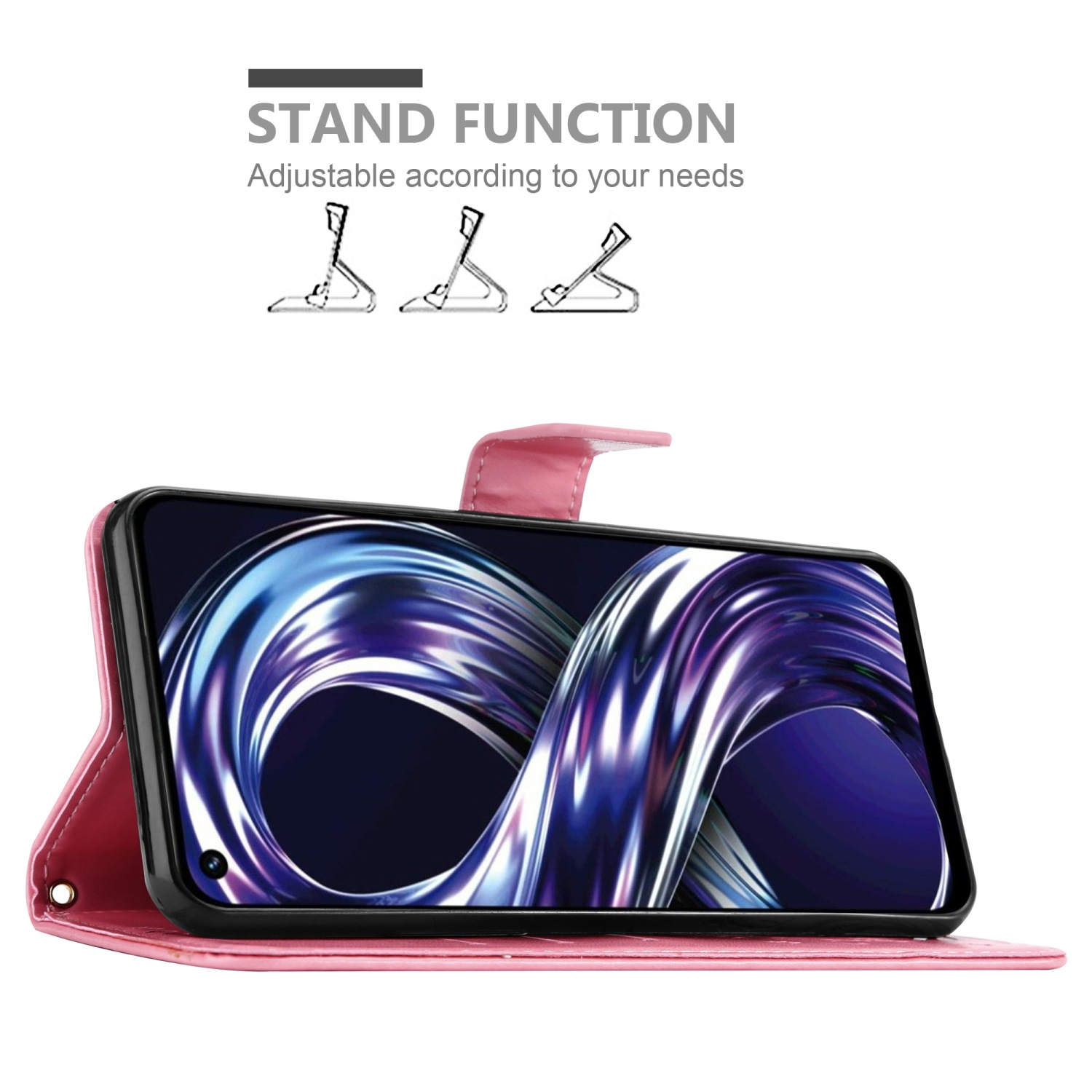 Custodia per telefono rosa aperta. Il telefono è a posto e può essere utilizzato come supporto in diverse angolazioni.