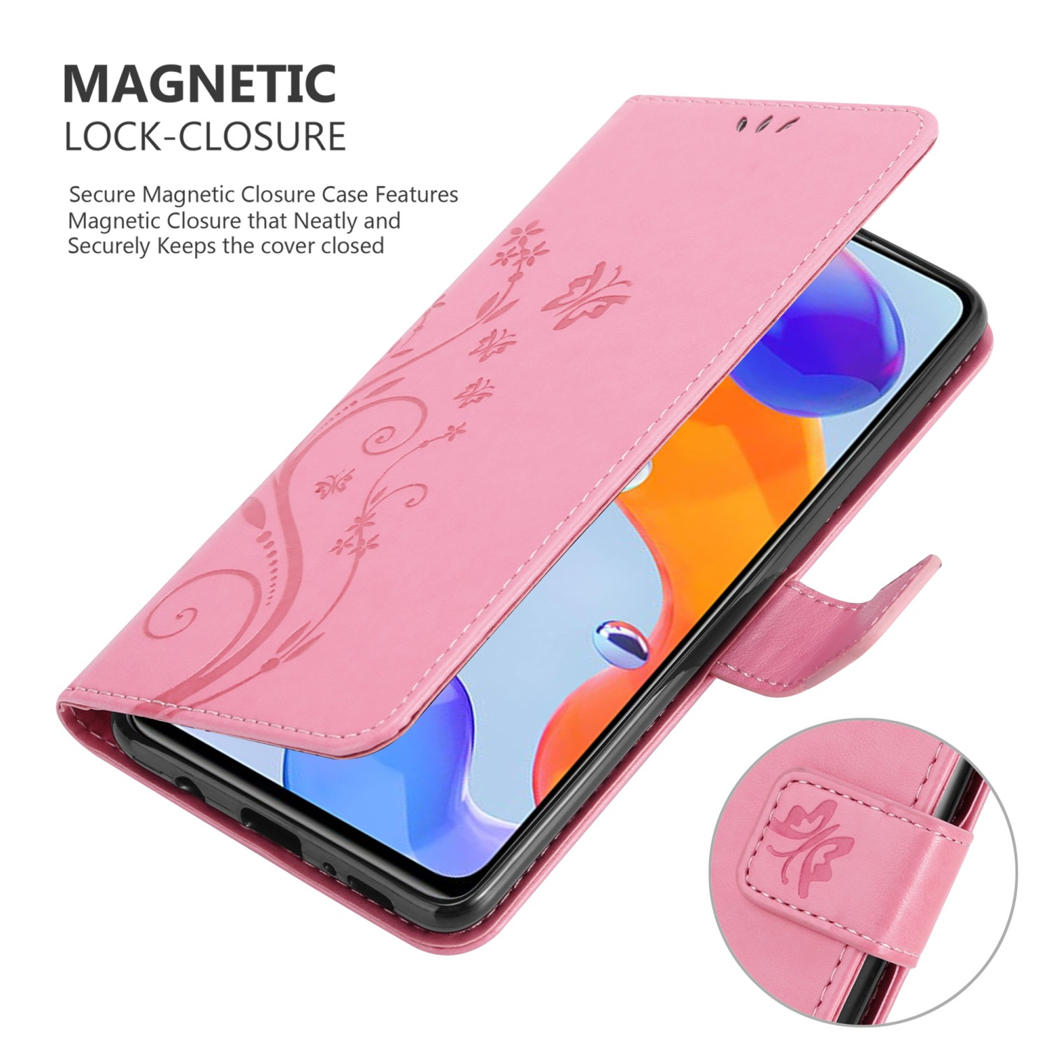 Custodia rosa con design floreale. Telefono aperto. Testo: CHIUSURA MAGNETICA, chiusura sicura.