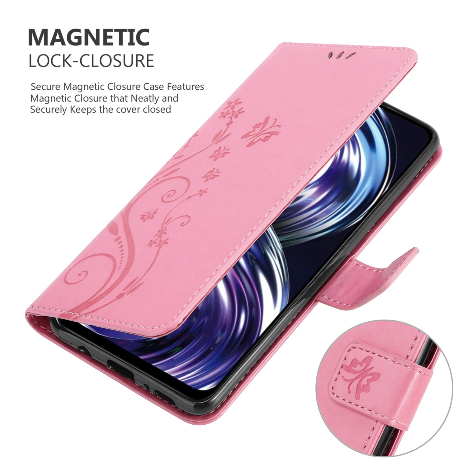 Custodia per telefono rosa, aperta, con un telefono all'interno, con un design floreale e chiusura magnetica.