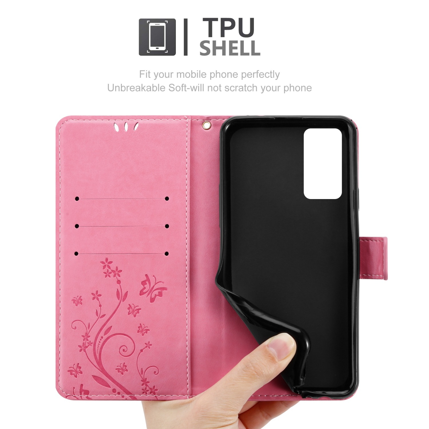 Custodia per telefono rosa aperta con telefono all'interno. La custodia ha motivi floreali.