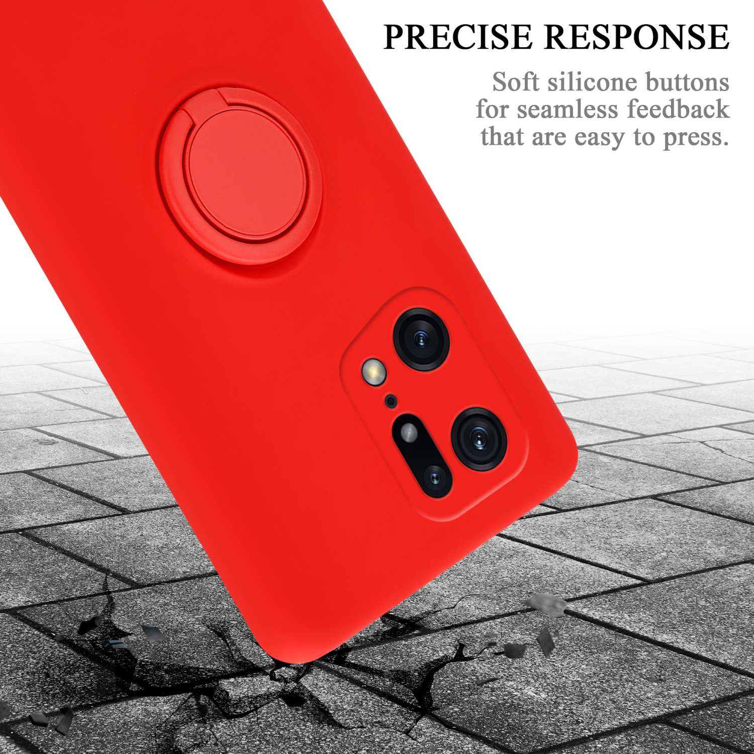 Custodia rossa per telefono con fotocamera. Lo sfondo è una superficie grigia con testo sulla custodia.