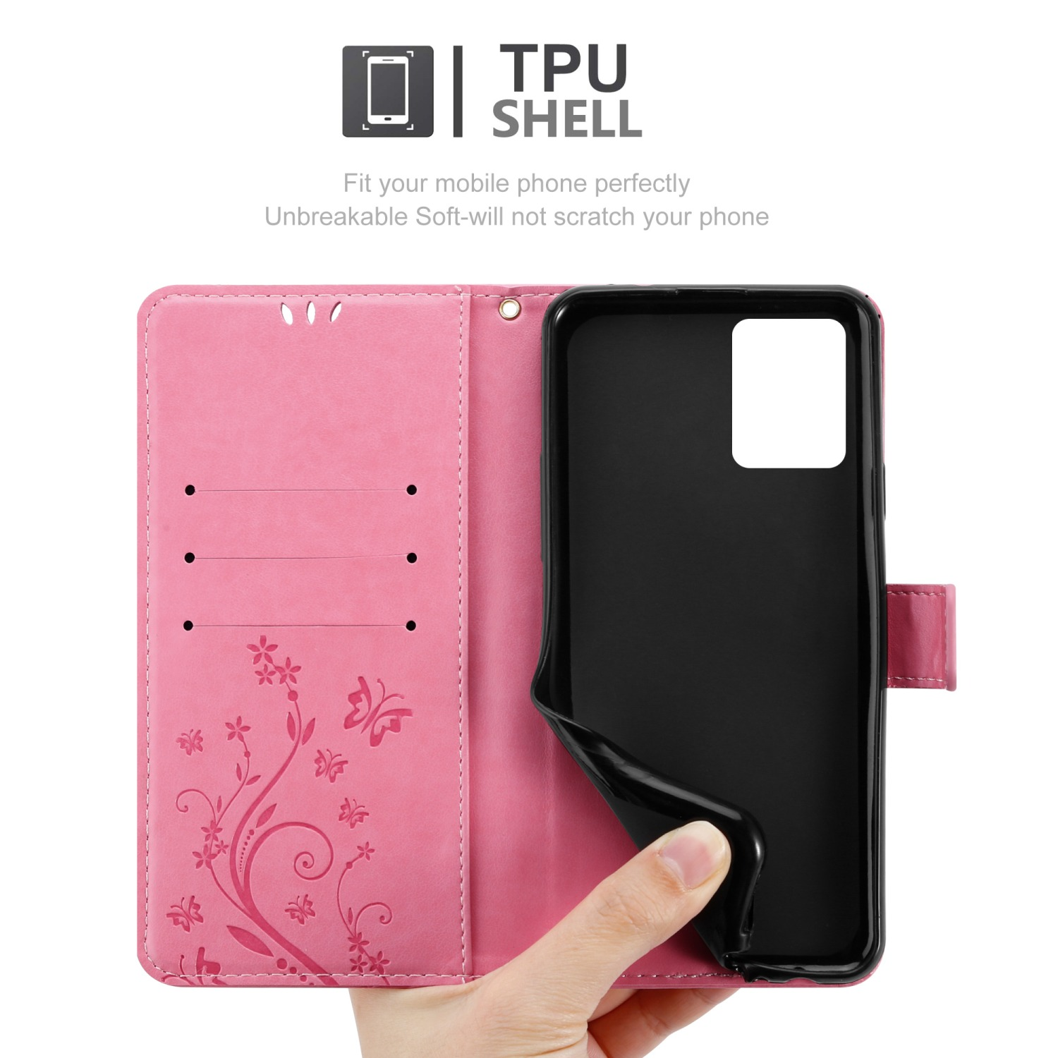 Custodia rosa aperta, che rivela un telefono nero. Ci sono disegni floreali all'interno.