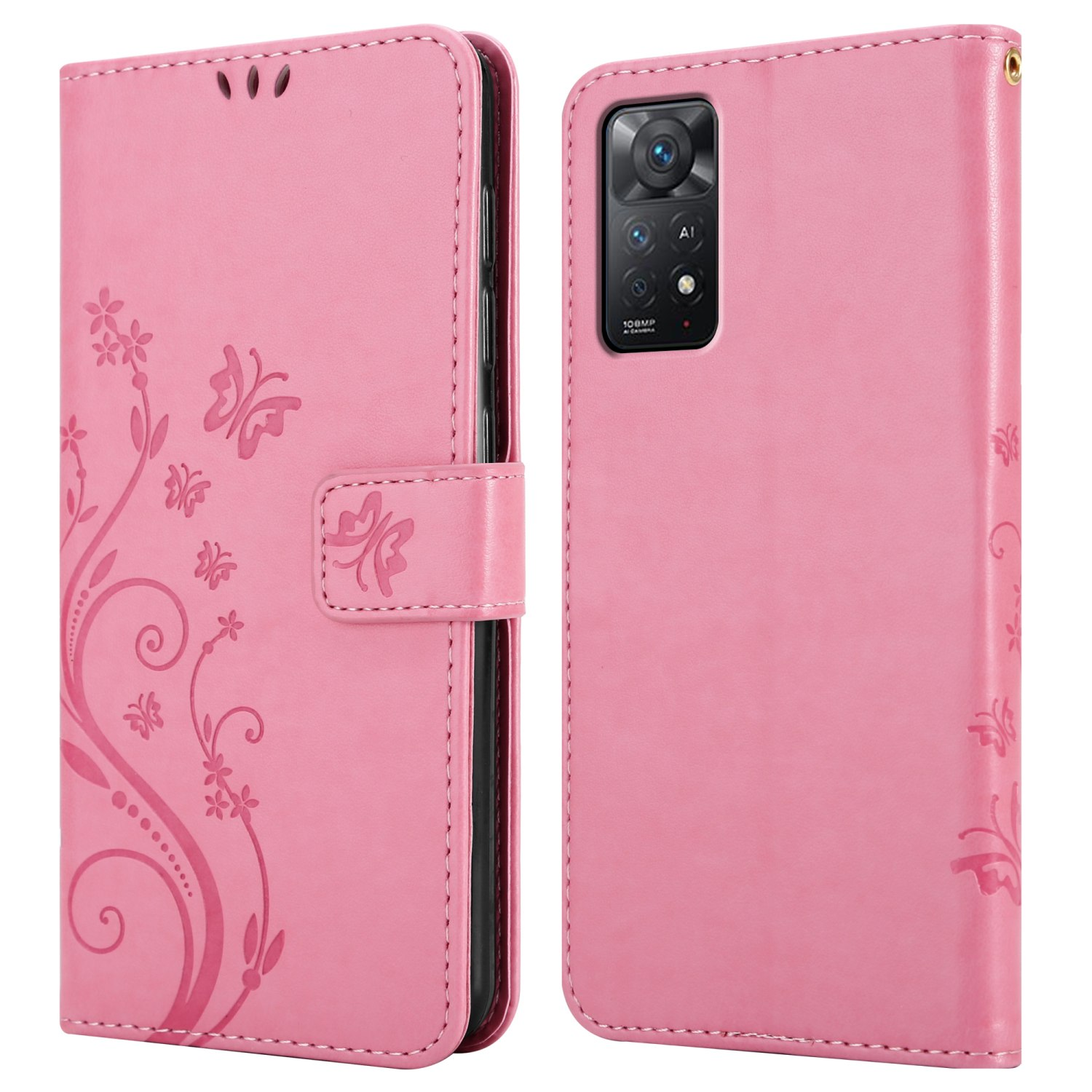 Custodia rosa per telefono con motivo floreale e design a farfalla. Viste aperte e chiuse mostrate. Ritaglio della fotocamera sul retro.