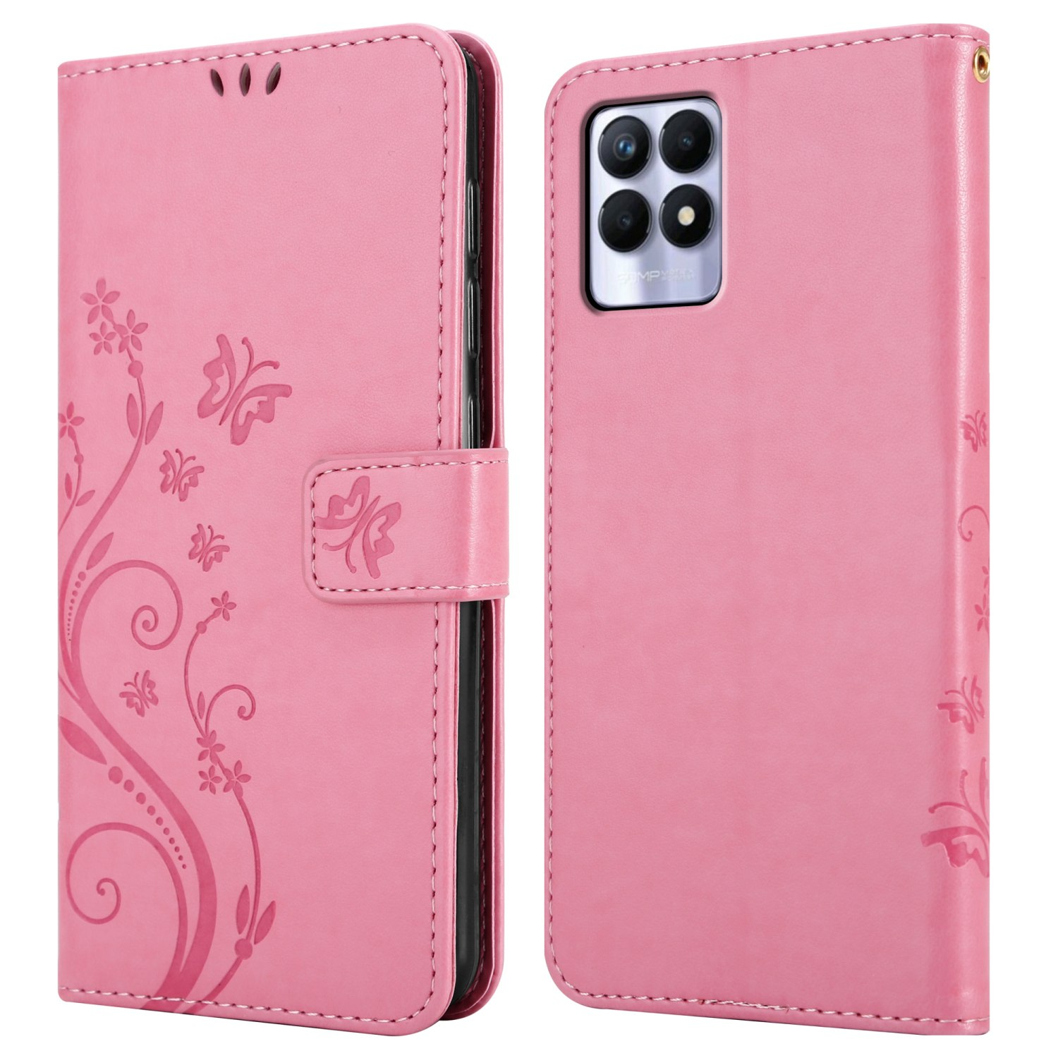 Una custodia rosa per telefono con un telefono all'interno. La custodia è aperta, mostrando disegni floreali e farfalle. Il telefono ha una fotocamera.