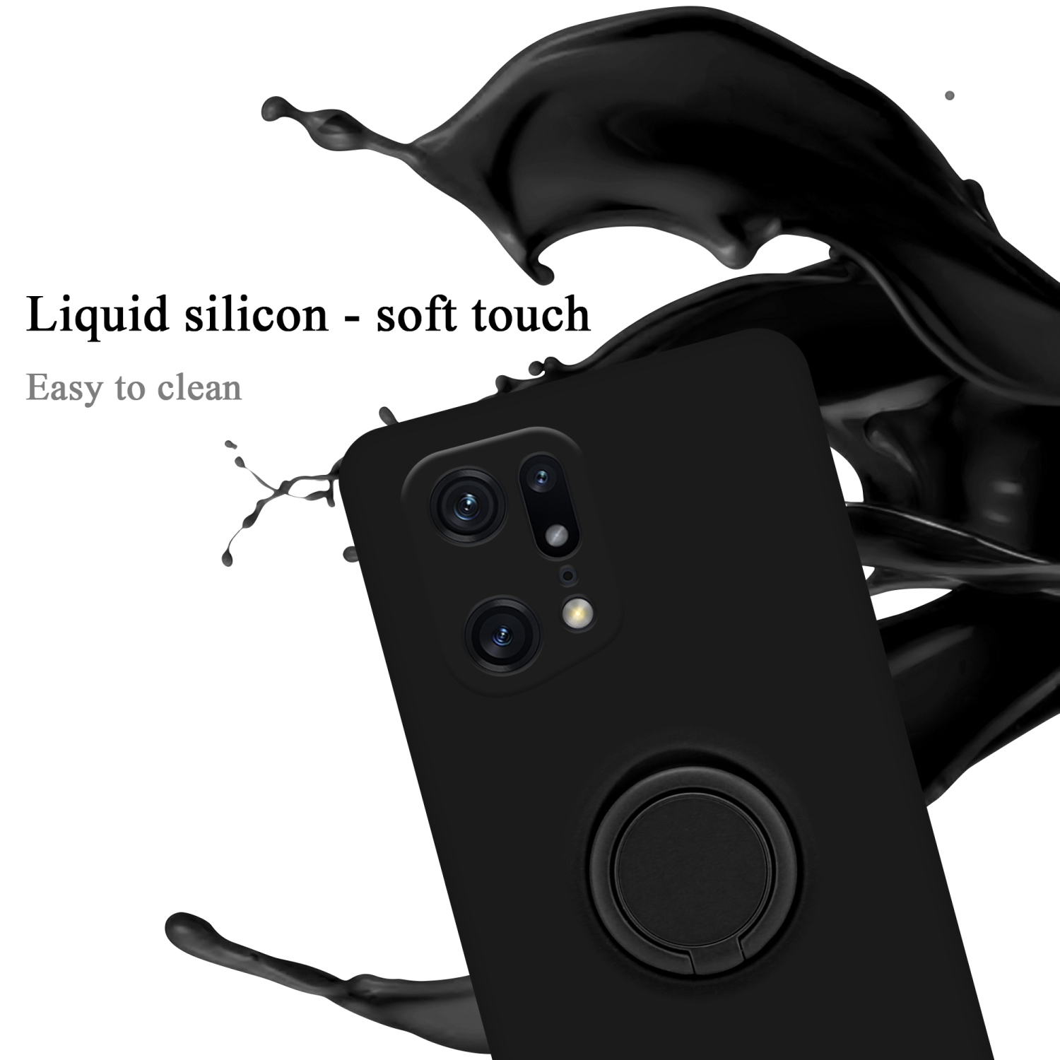 Custodia nera per telefono con anello, circondata da schizzi di liquido nero su sfondo bianco.
