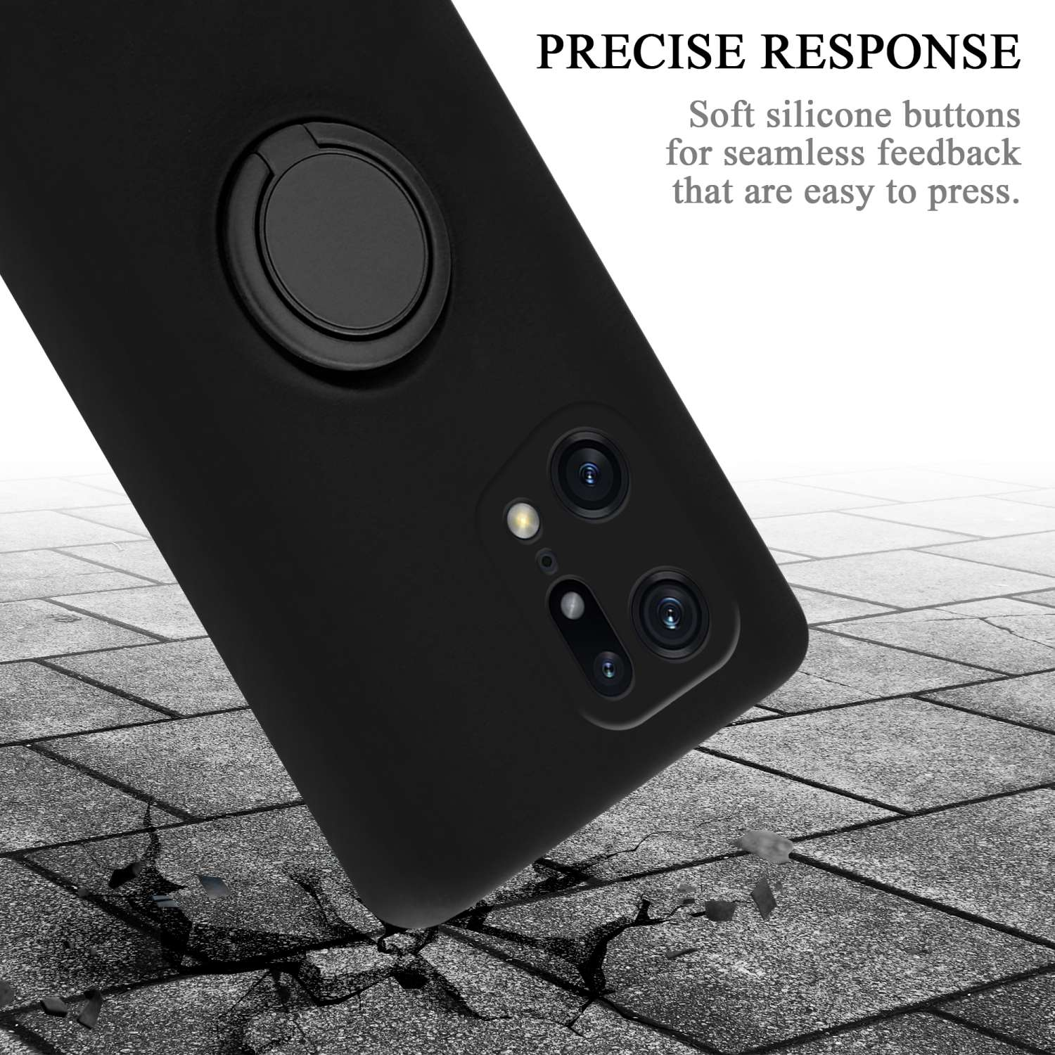 Custodia per telefono nera con un telefono all'interno. Il telefono ha un supporto ad anello e pulsanti in silicone per il feedback.