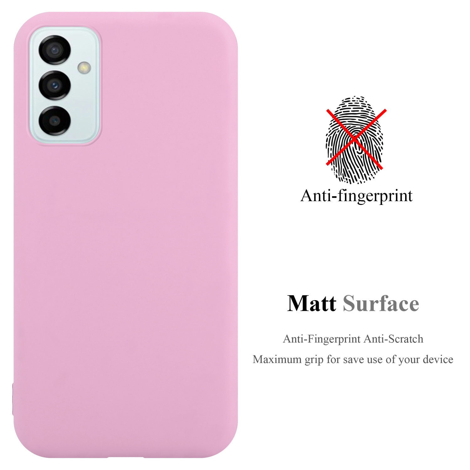 Custodia rosa, anti-impronte, superficie opaca. Mostra la custodia. Simbolo dell'impronta digitale.