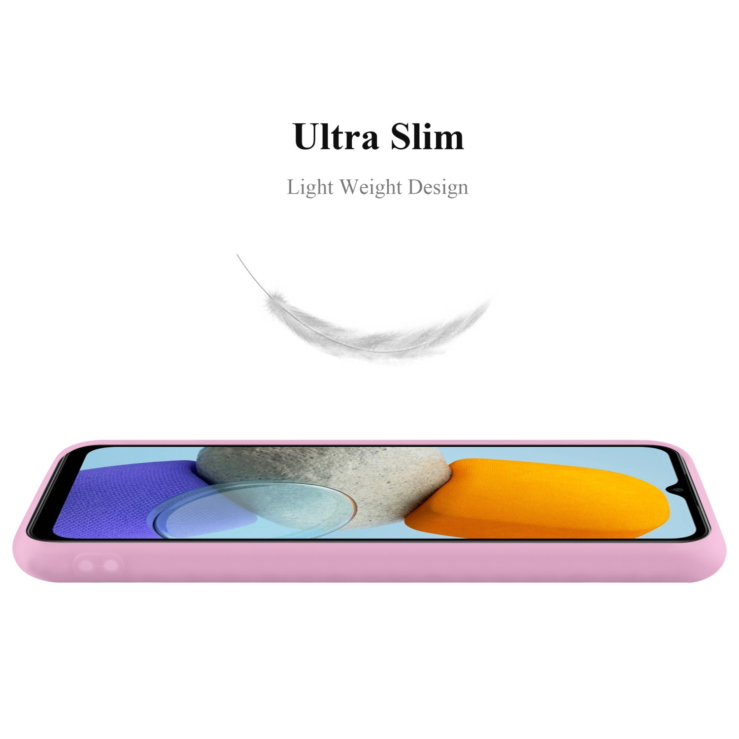 Una custodia per telefono rosa con un telefono all'interno. La custodia è sottile e il telefono è visibile.