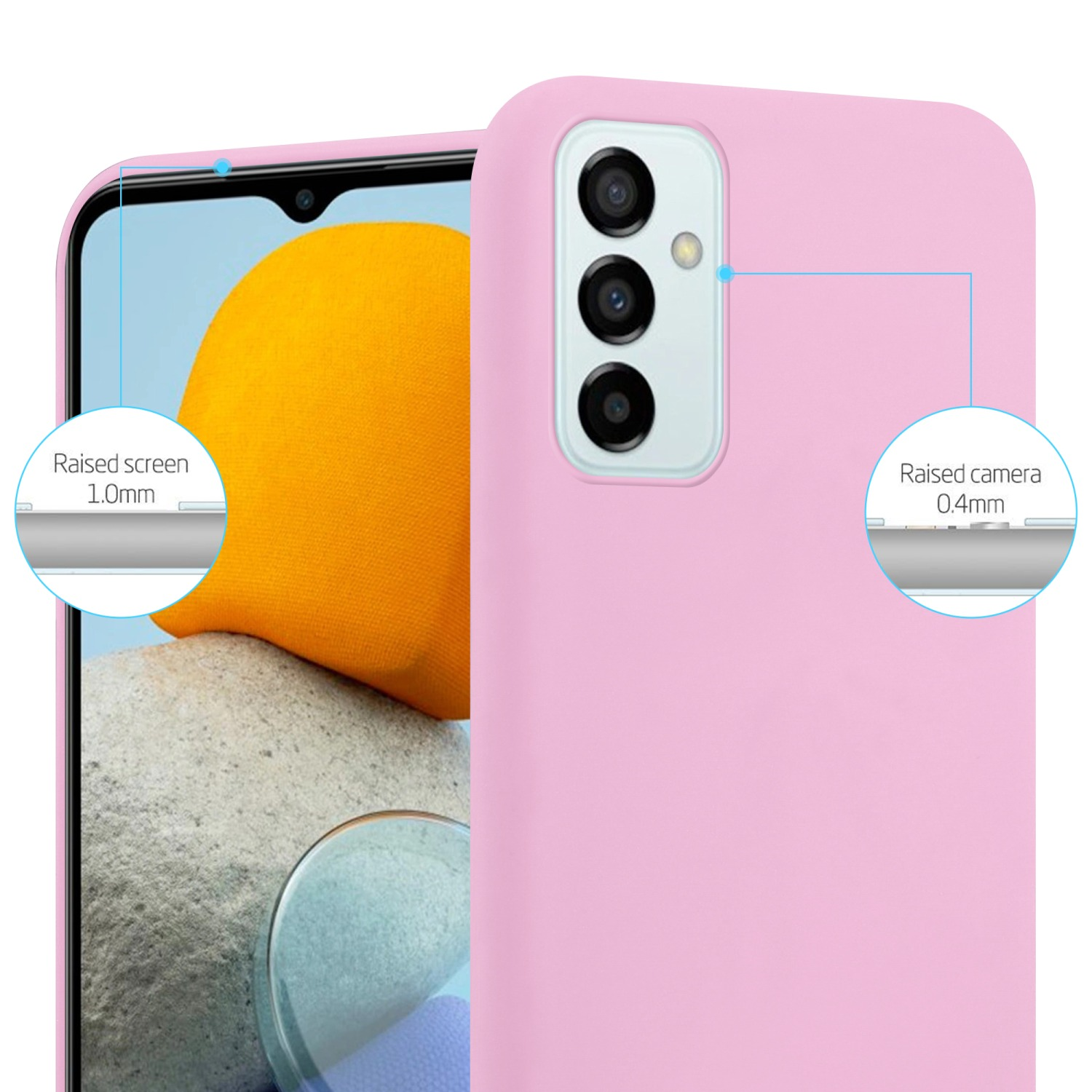 Una custodia rosa per telefono con un telefono all'interno. Lo schermo e la fotocamera sono evidenziati. Il testo mostra le dimensioni dello schermo e della fotocamera.
