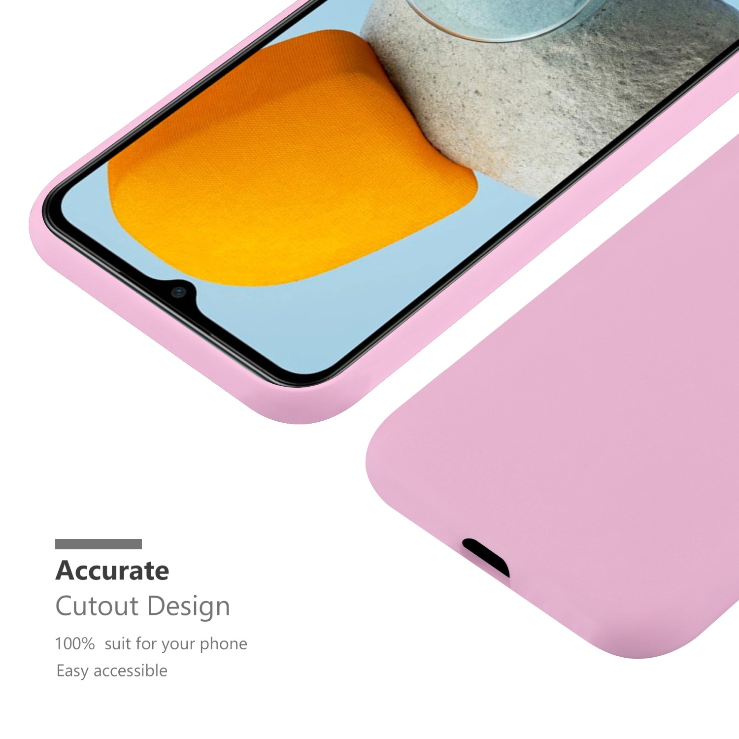 Custodia per telefono rosa, che mostra un telefono. Lo schermo del telefono mostra un colore arancione.